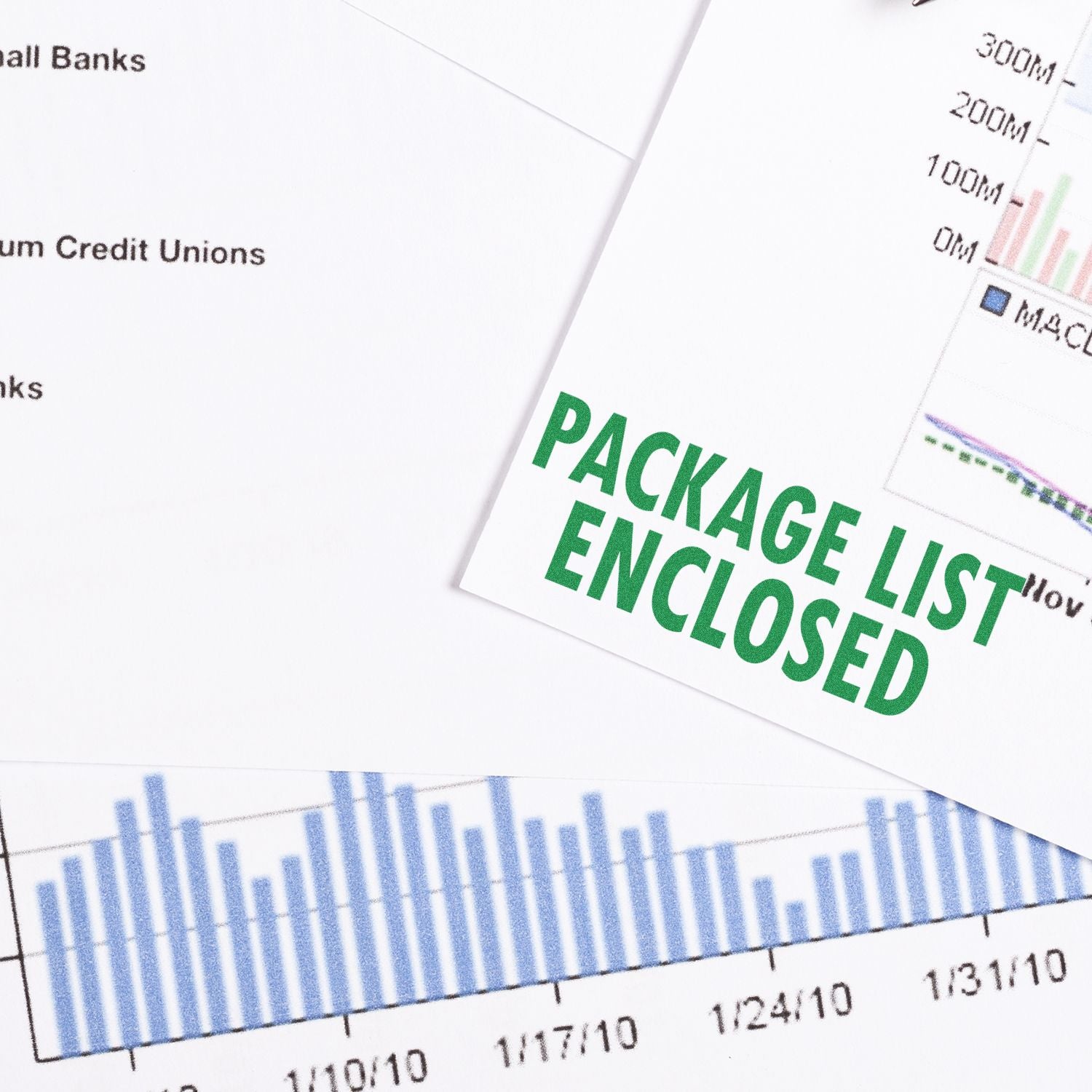 Large Pre-Inked Package List Enclosed Stamp in green ink on a white paper with graphs and charts in the background.