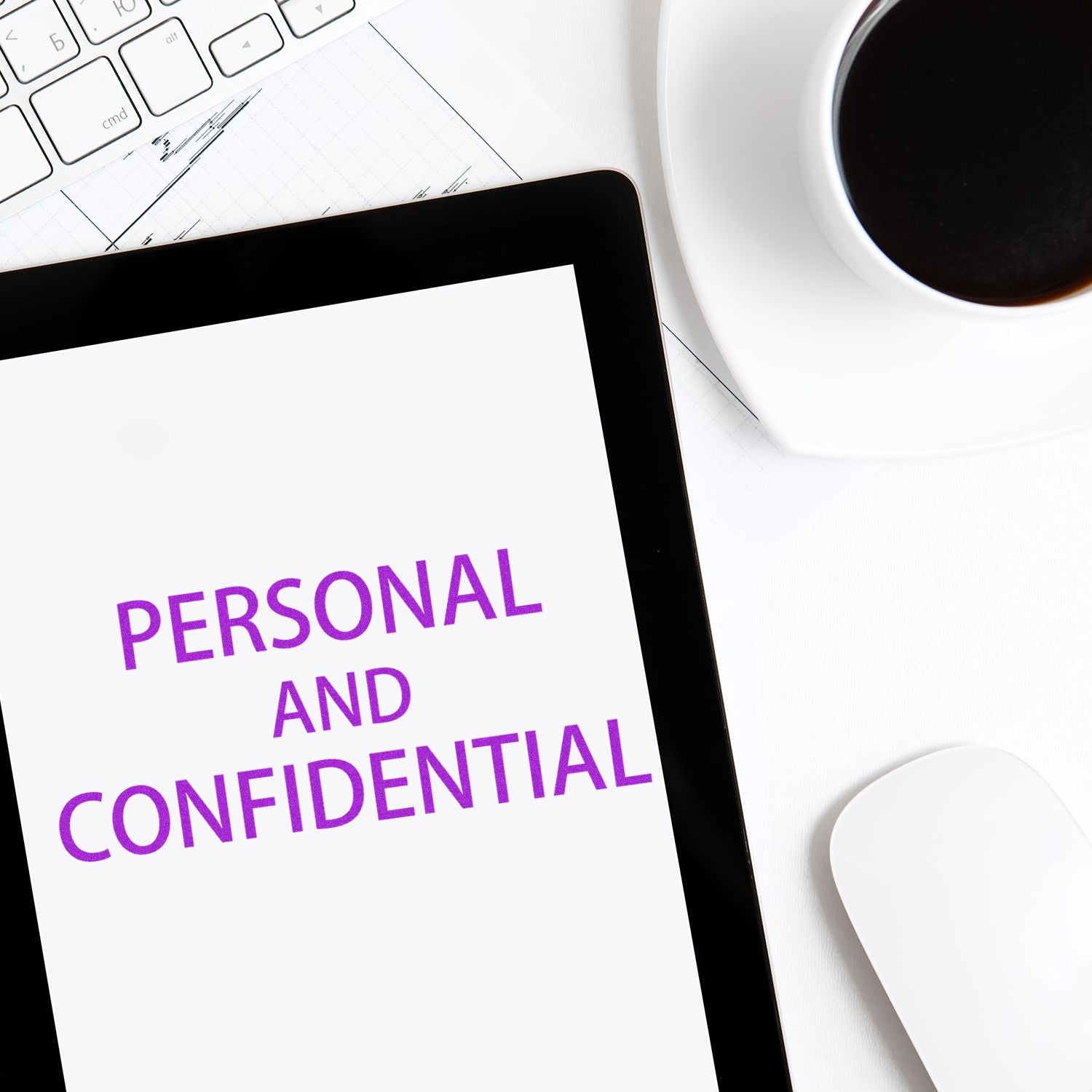 Large Pre-Inked Personal Confidential Stamp marking PERSONAL AND CONFIDENTIAL on a document near a keyboard, tablet, mouse, and coffee cup.