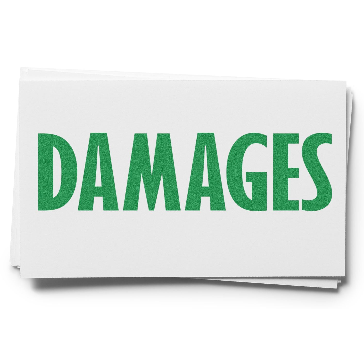 Large Pre-Inked Damages Stamp with bold green DAMAGES text on white background, ideal for marking documents efficiently.