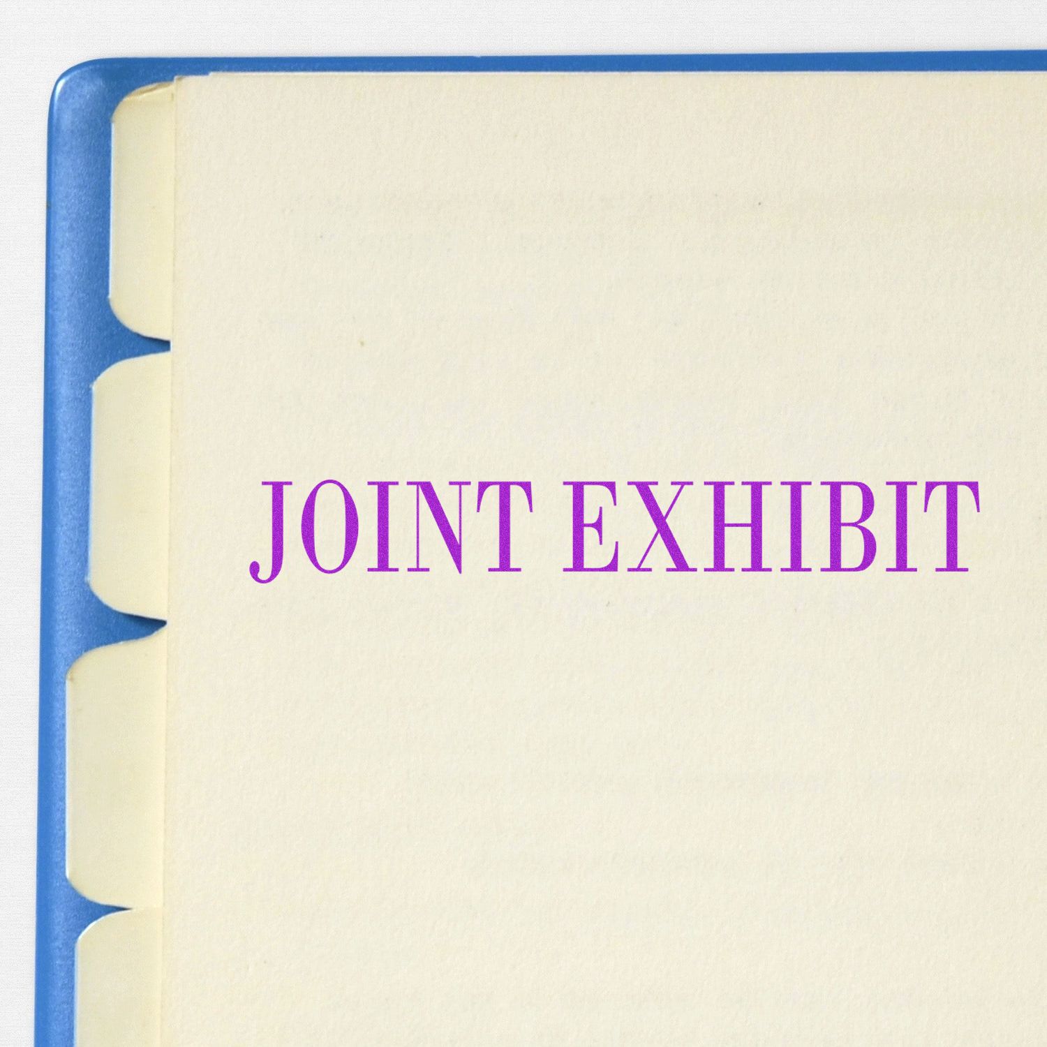 Large Pre-Inked Joint Exhibit Stamp imprint in purple on a beige document with tabbed dividers, placed on a blue folder.