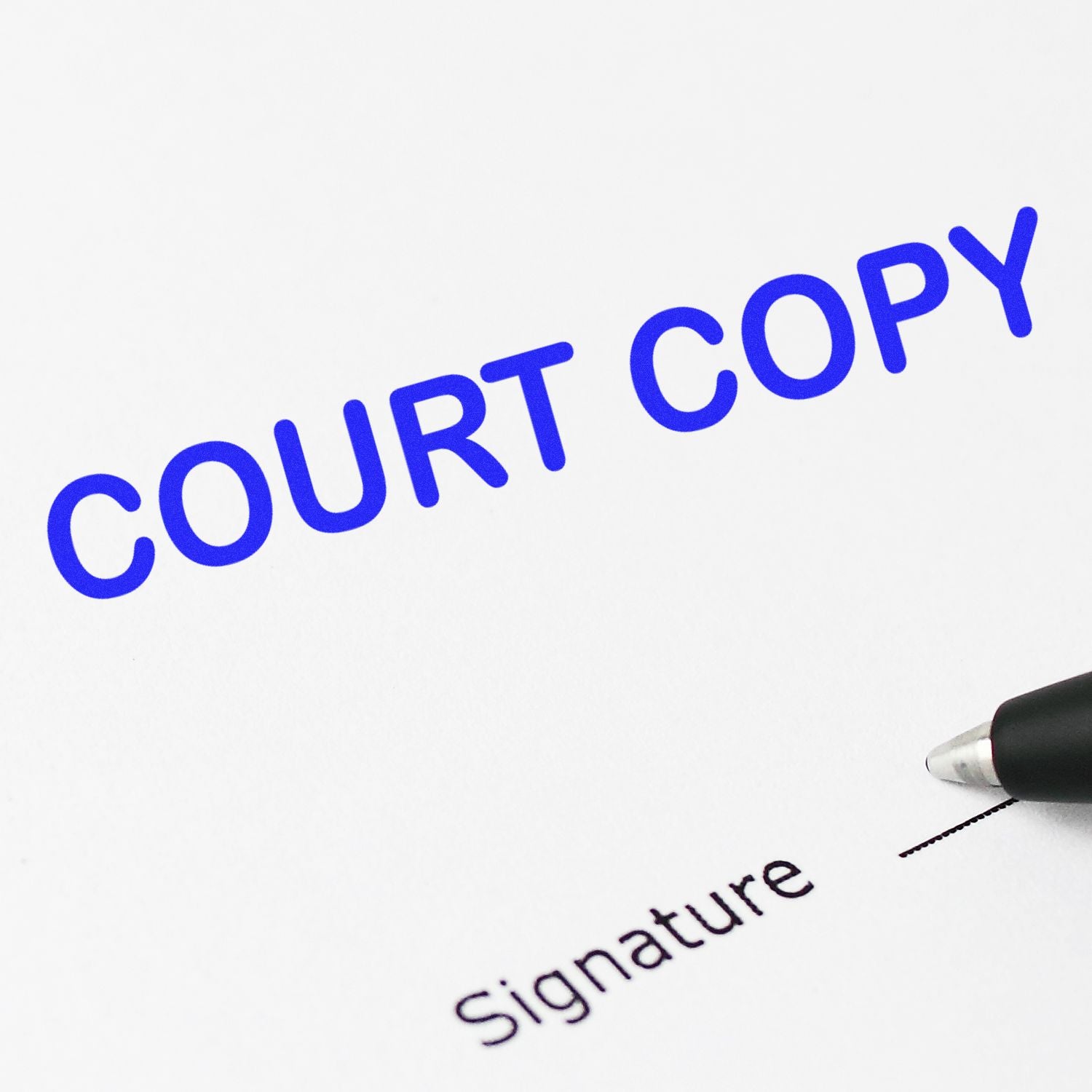 Large Pre-Inked Court Copy Stamp imprint in blue on white paper, with a pen near a signature line.