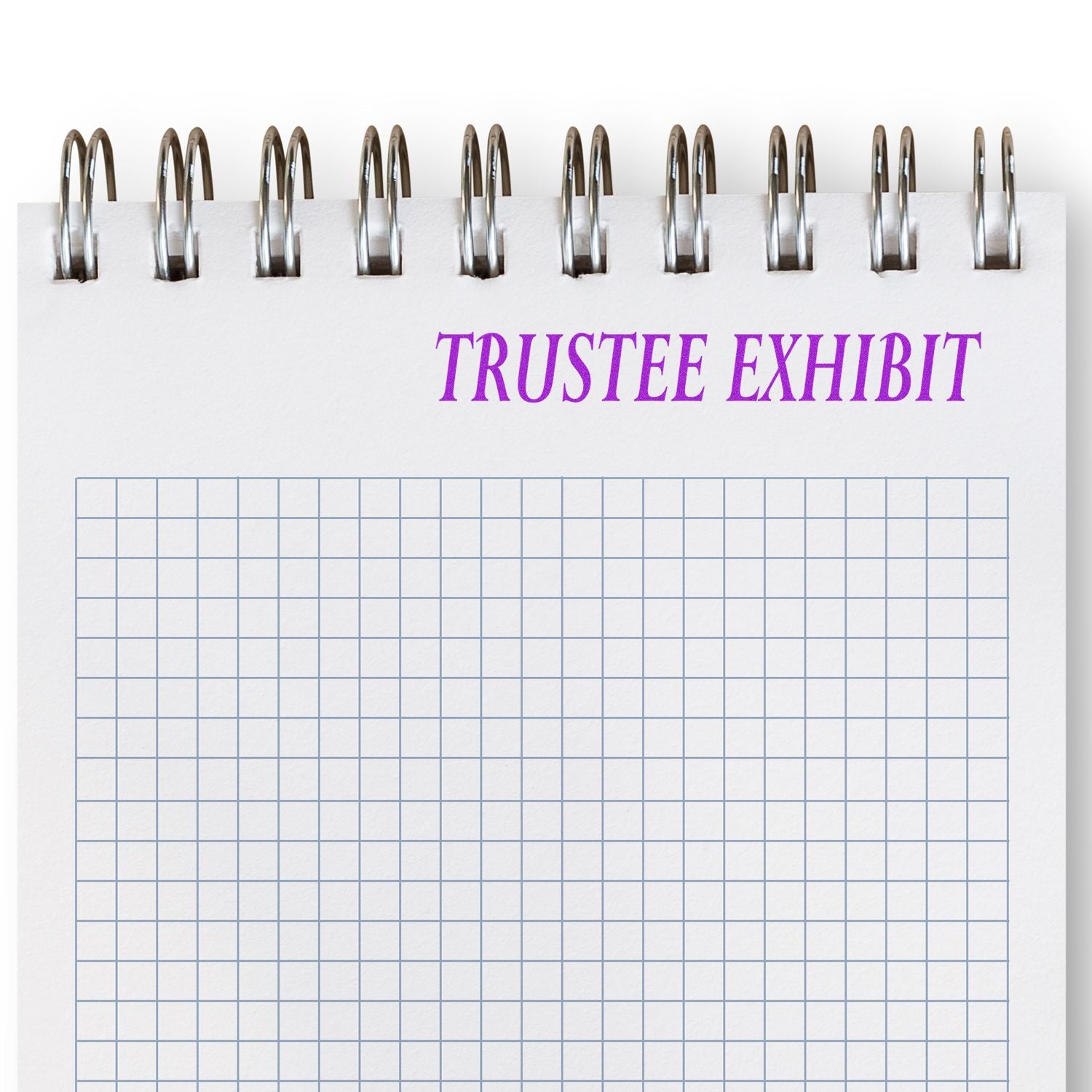 Large Pre-Inked Trustee Exhibit Stamp in purple ink on a spiral notebook with a grid pattern.