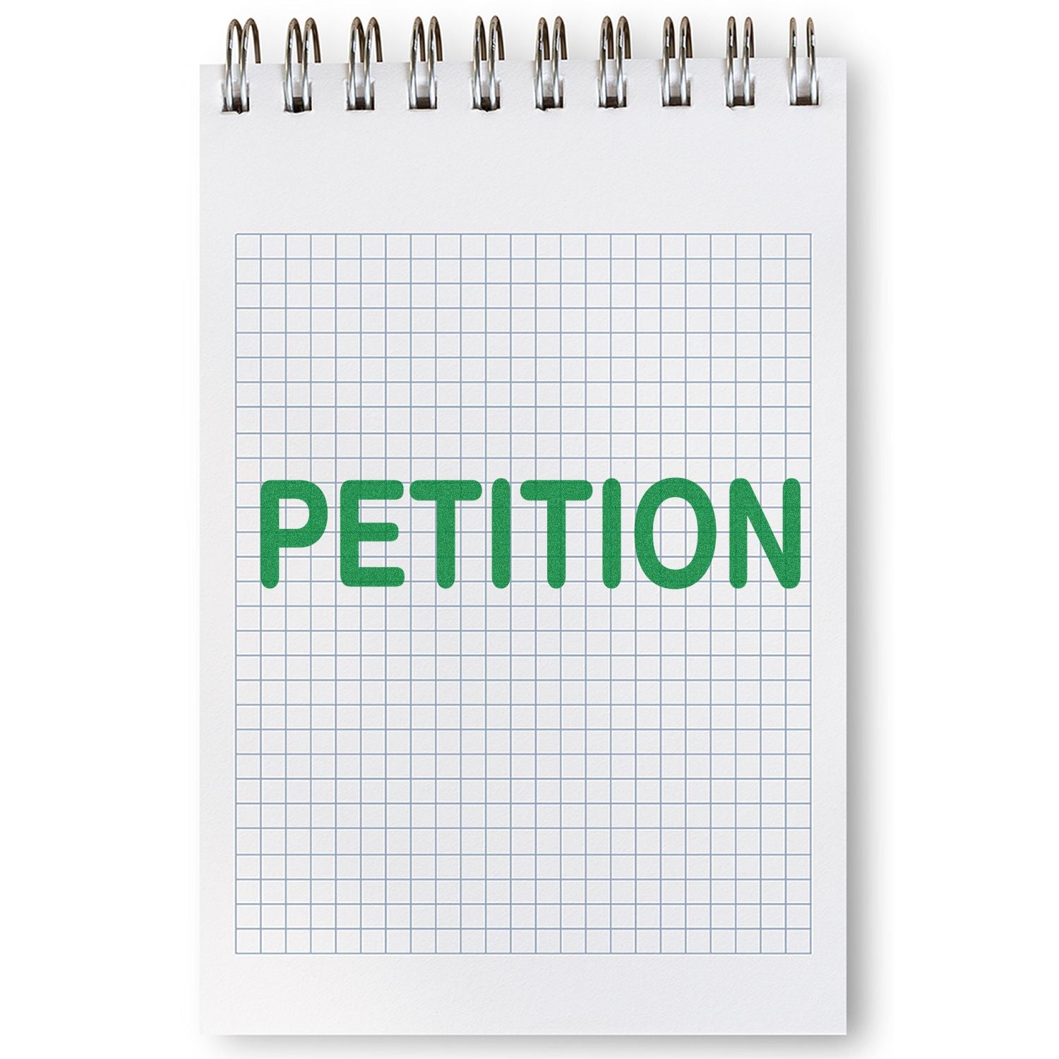 A notebook with a grid pattern page stamped with the word PETITION in green using the Large Pre-Inked Petition Stamp.