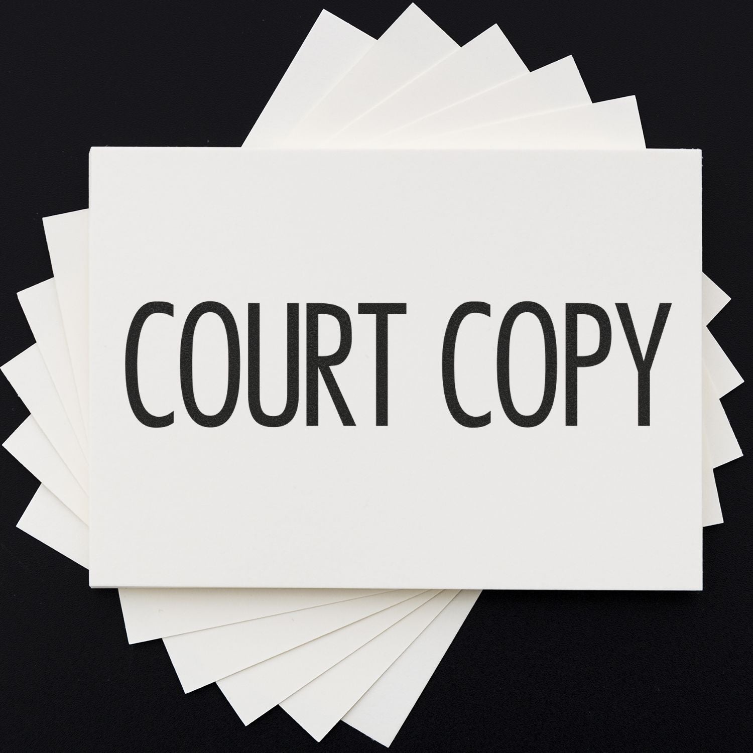 Large Pre-Inked Narrow Font Court Copy Stamp on white paper with bold black text COURT COPY displayed on a black background.