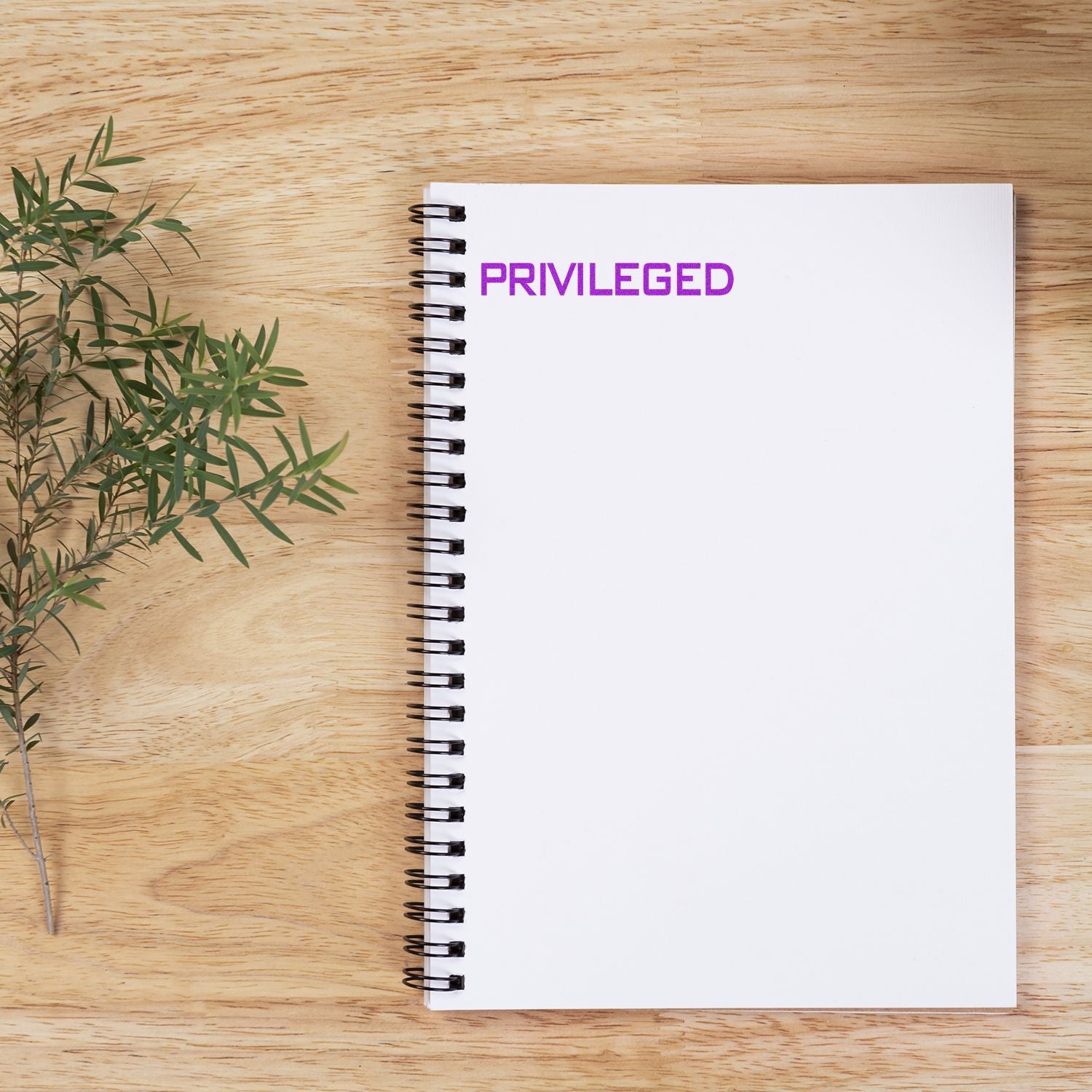 Large Pre-Inked Privileged Stamp in purple ink on a white spiral notebook, placed on a wooden surface with a small green plant.