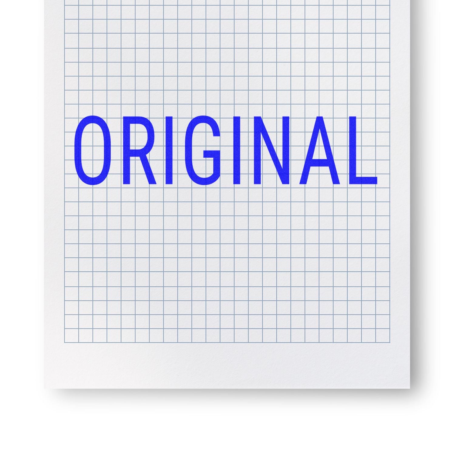 Large Pre-Inked Narrow Font Original Stamp imprint in blue ink on a white grid paper background.