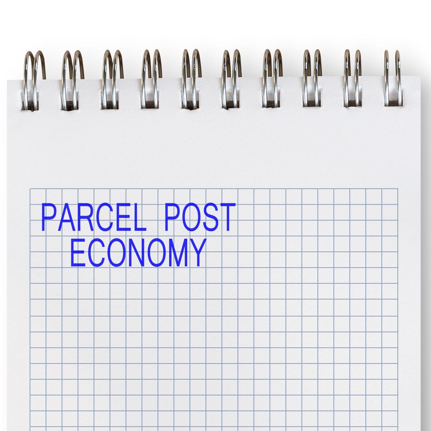 Large Pre-Inked Parcel Post Economy Stamp imprint on a white notepad with a grid pattern, featuring blue text.