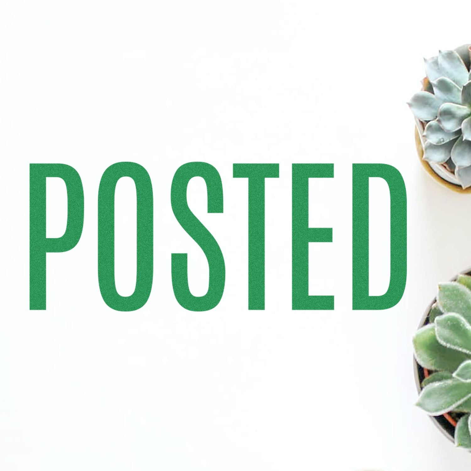 Large Pre-Inked Narrow Posted Stamp with green POSTED text, placed on a white background with succulents on the right side.