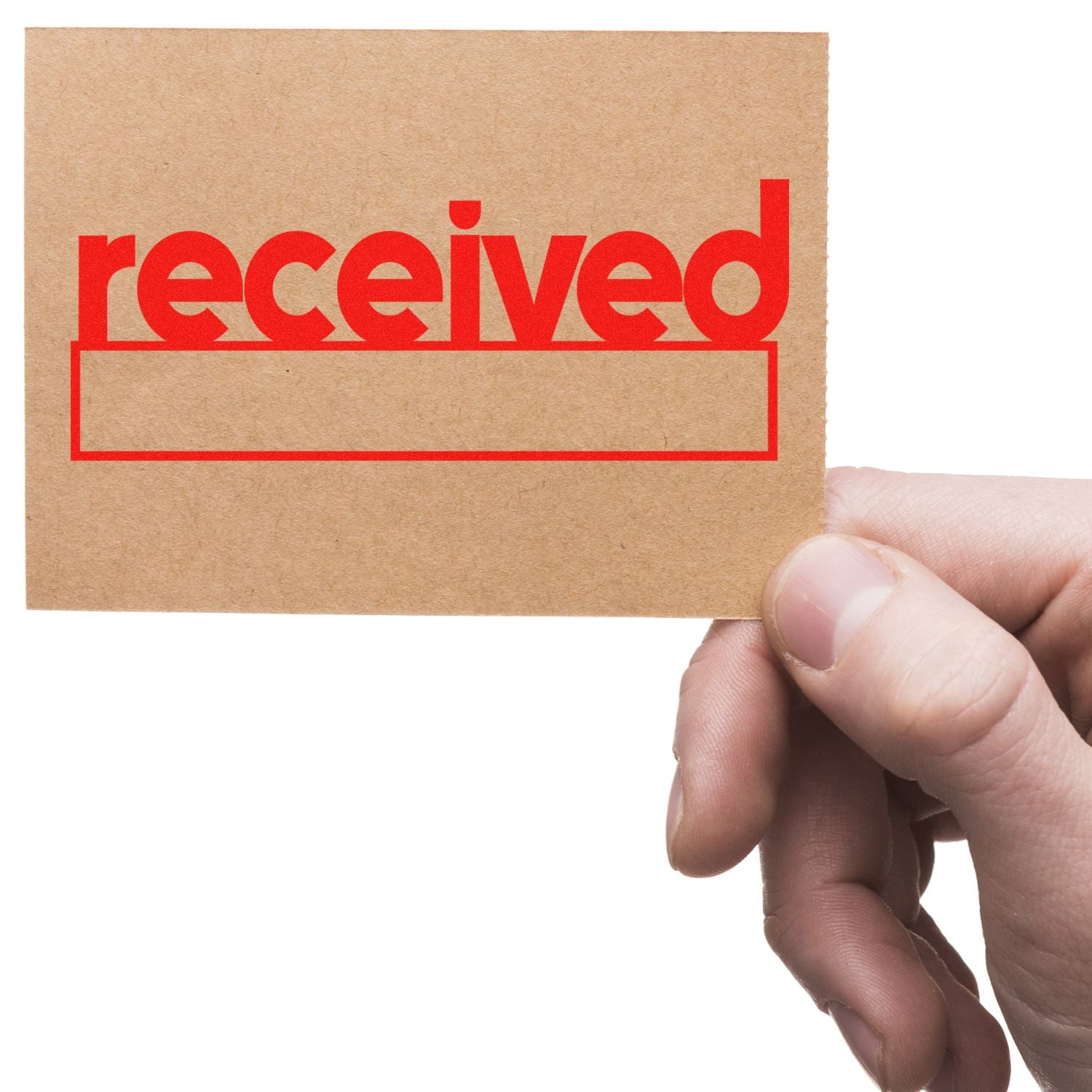 Hand holding a Large Pre-Inked Lowercase Received with Date Box Stamp on a brown card, with received in red and a blank date box below.