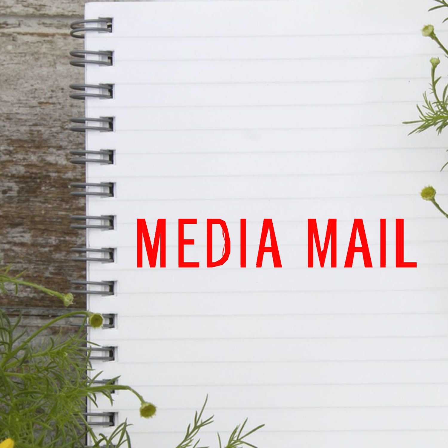 Large Pre-Inked Media Mail Stamp in red ink on a white spiral notebook, surrounded by green plants on a wooden surface.