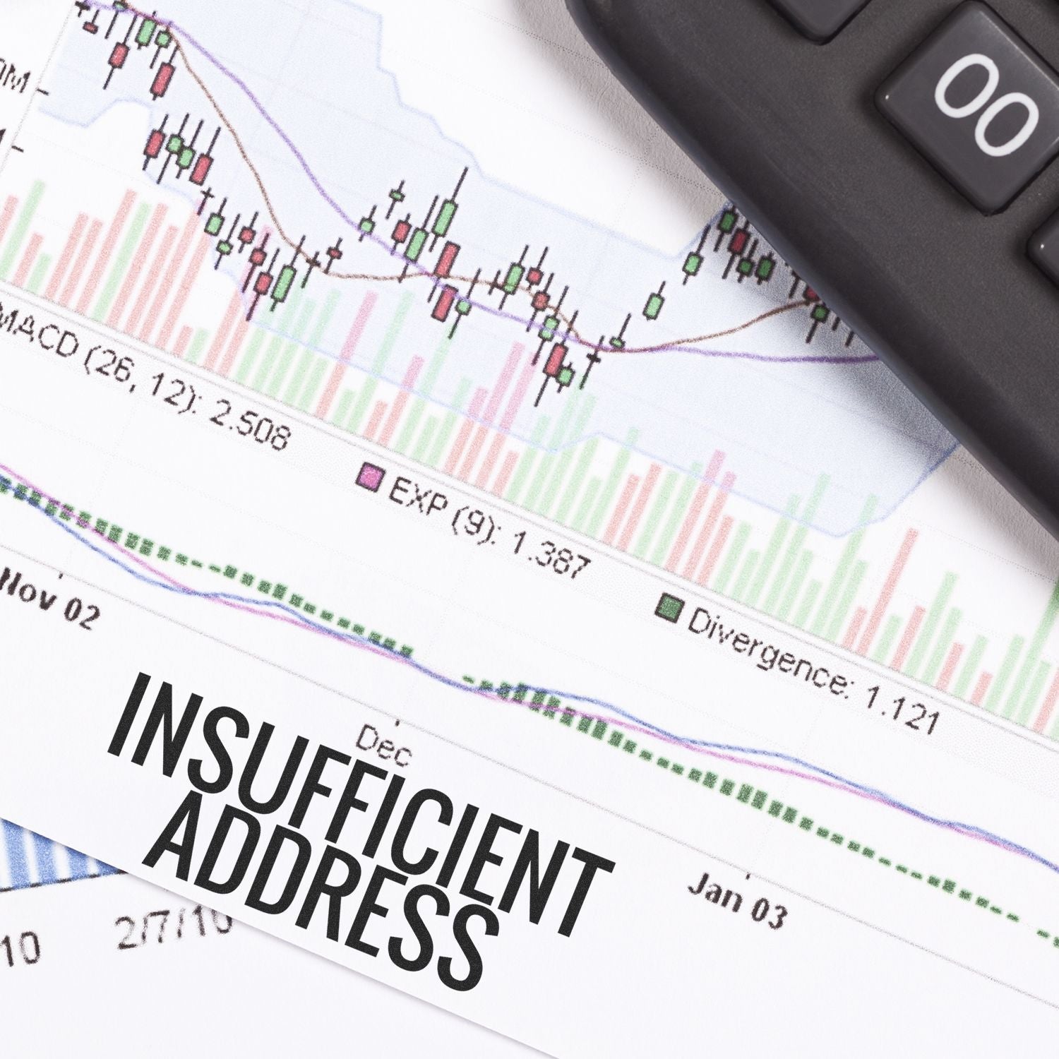 Large Pre-Inked Insufficient Address Stamp on financial charts with a calculator in the background.