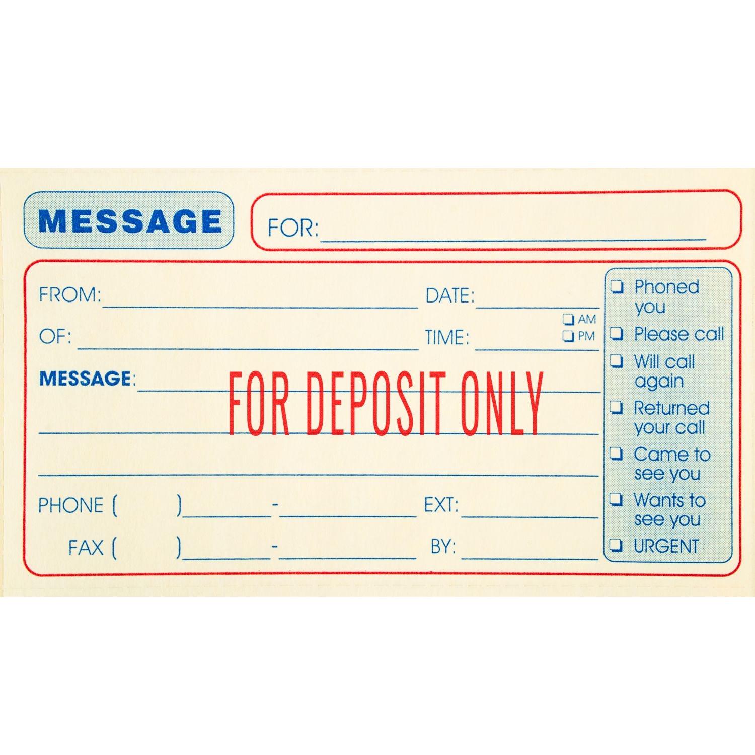 Image of a message pad stamped with FOR DEPOSIT ONLY using the Large Pre-Inked Narrow For Deposit Only Stamp in red ink.