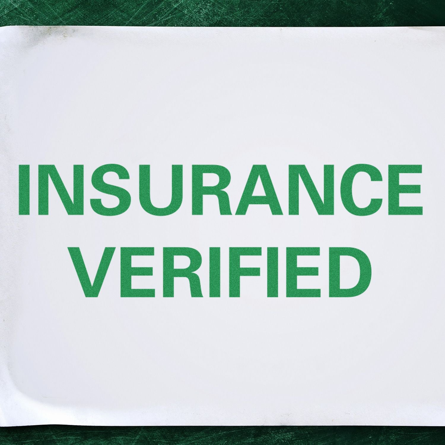 Image of a Large Pre-Inked Insurance Verified Stamp with green text on a white background, indicating insurance verification.