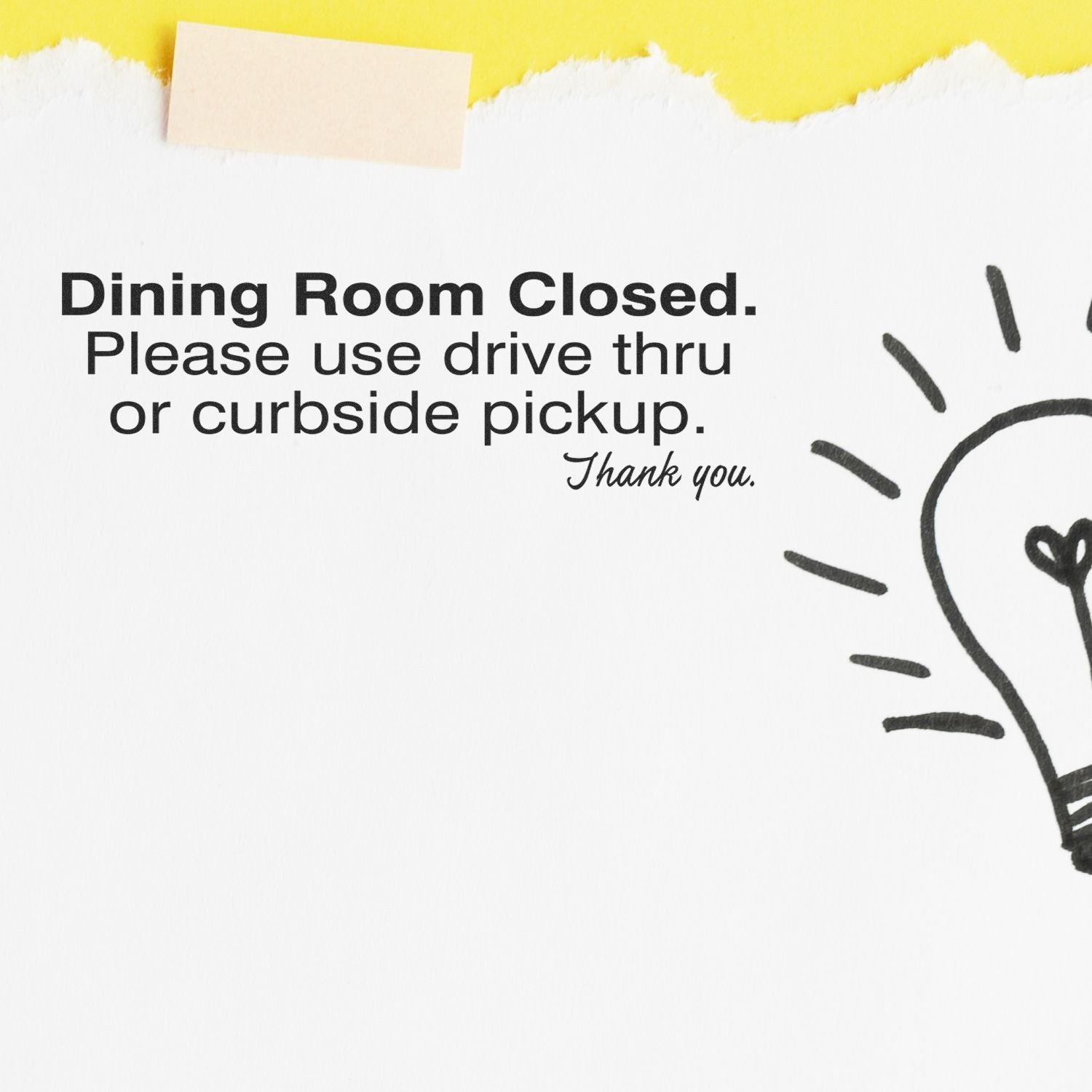 Image of a Large Self Inking Dining Room Closed Stamp imprint on white paper, with a lightbulb illustration and a yellow background.