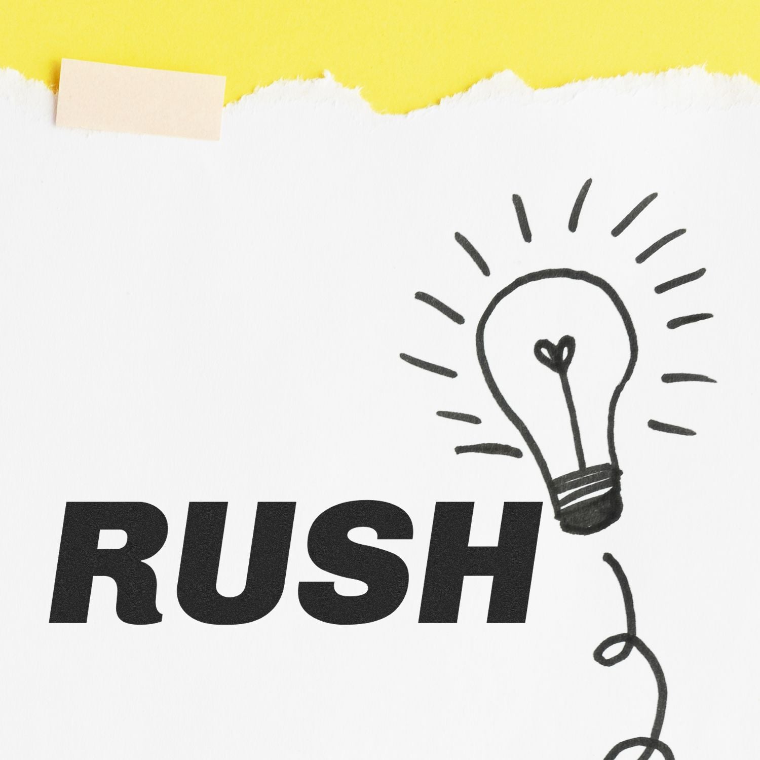 Large Pre-Inked Italic Rush Stamp on white paper with a hand-drawn light bulb and yellow background.