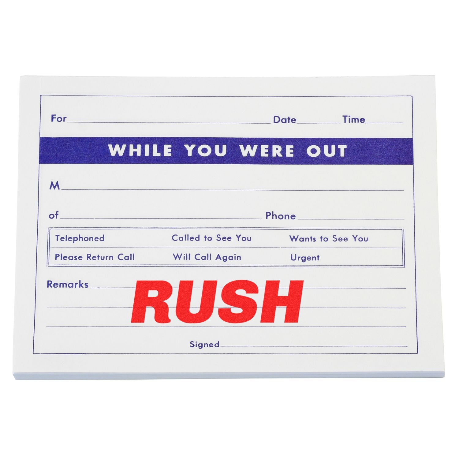 A While You Were Out notepad with RUSH in bold red letters, stamped using the Large Pre-Inked Italic Rush Stamp, on a white background.