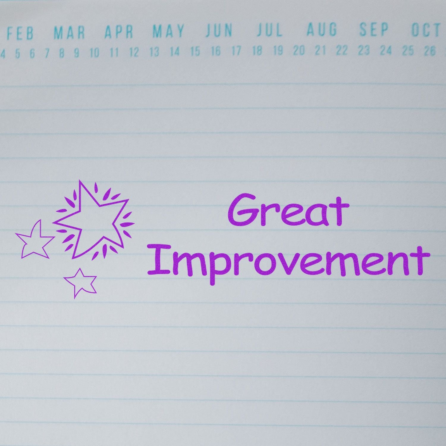 Large Pre-Inked Great Improvement Stamp in purple ink on lined paper with a calendar header.