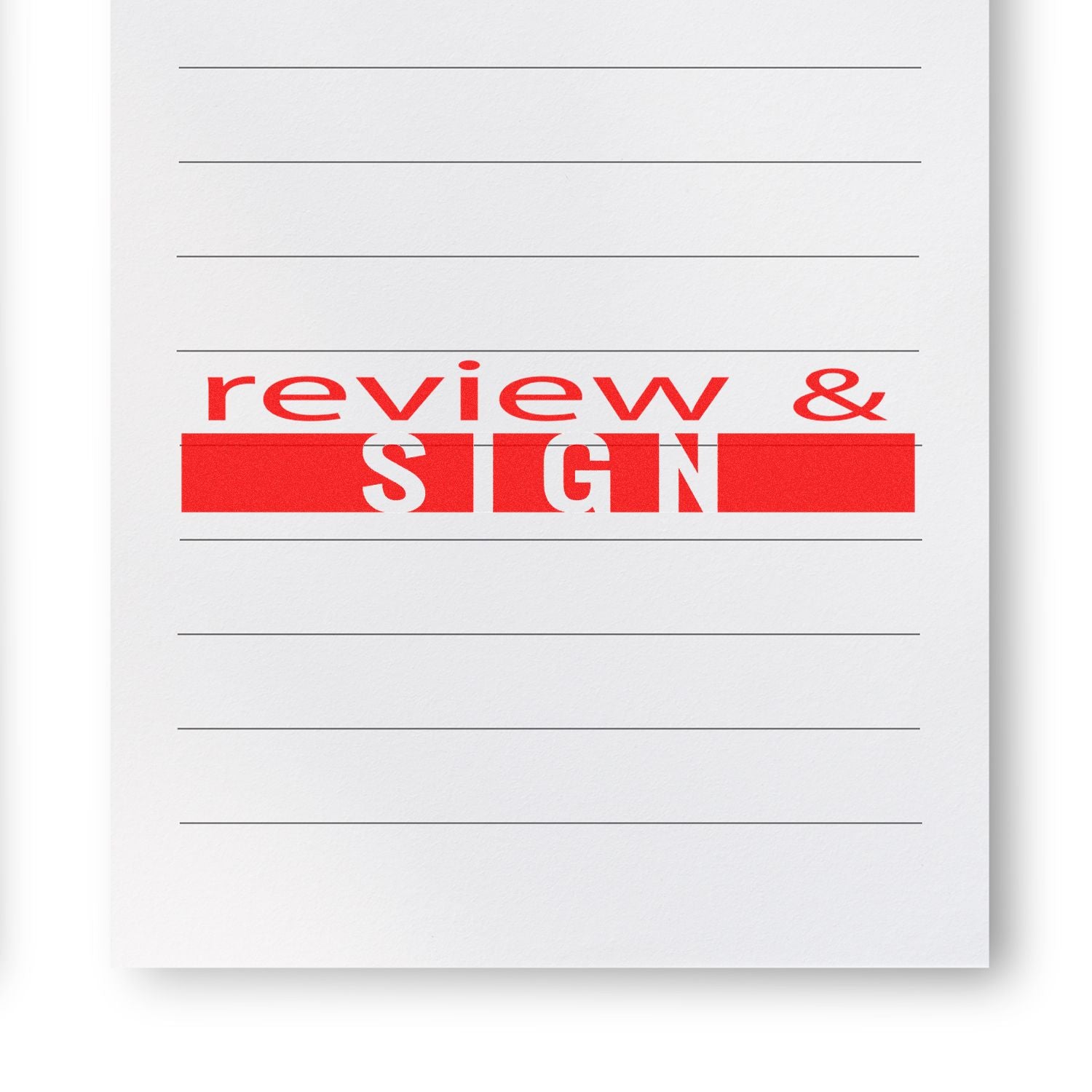 Image of a Large Pre-Inked Review and Sign Stamp imprint in red ink on lined paper, with the text review & SIGN prominently displayed.