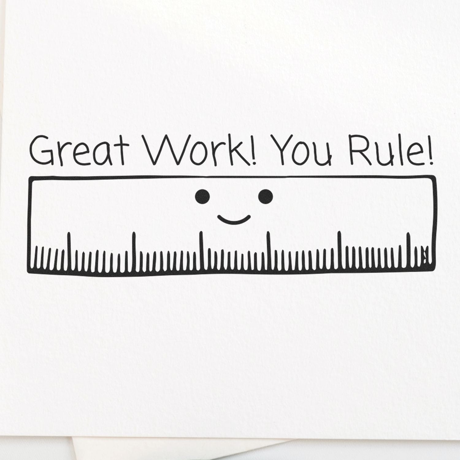 Large Pre-Inked Great Work You Rule Stamp with a smiling ruler and the text Great Work! You Rule! on a white background.