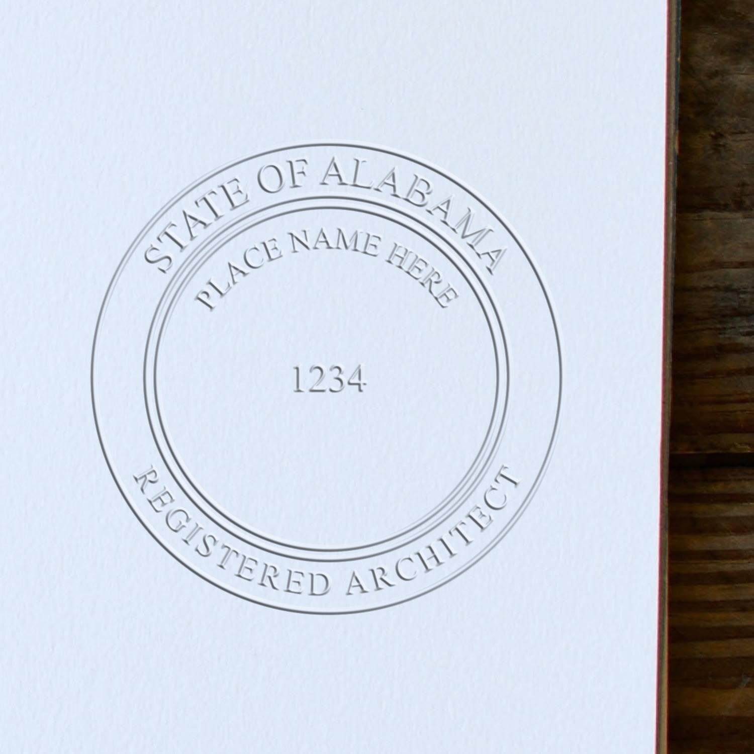 The State of Alabama Long Reach Architectural Embossing Seal stamp impression comes to life with a crisp, detailed photo on paper - showcasing true professional quality.