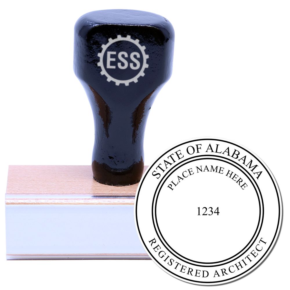 Alabama Architect Seal Stamp with a wooden handle and rubber base, featuring the text STATE OF ALABAMA REGISTERED ARCHITECT and a customizable area.