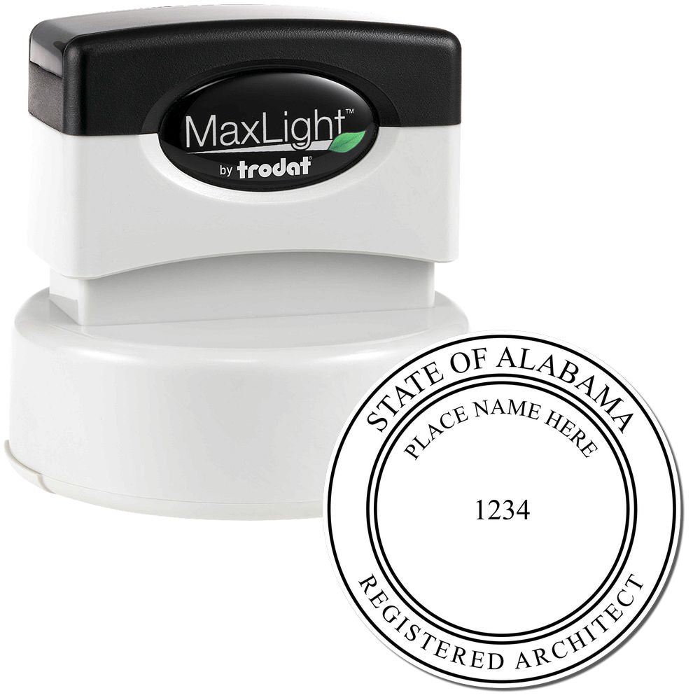 Image of the Premium MaxLight Pre-Inked Alabama Architectural Stamp, showing the stamp and an example imprint with "State of Alabama Registered Architect."