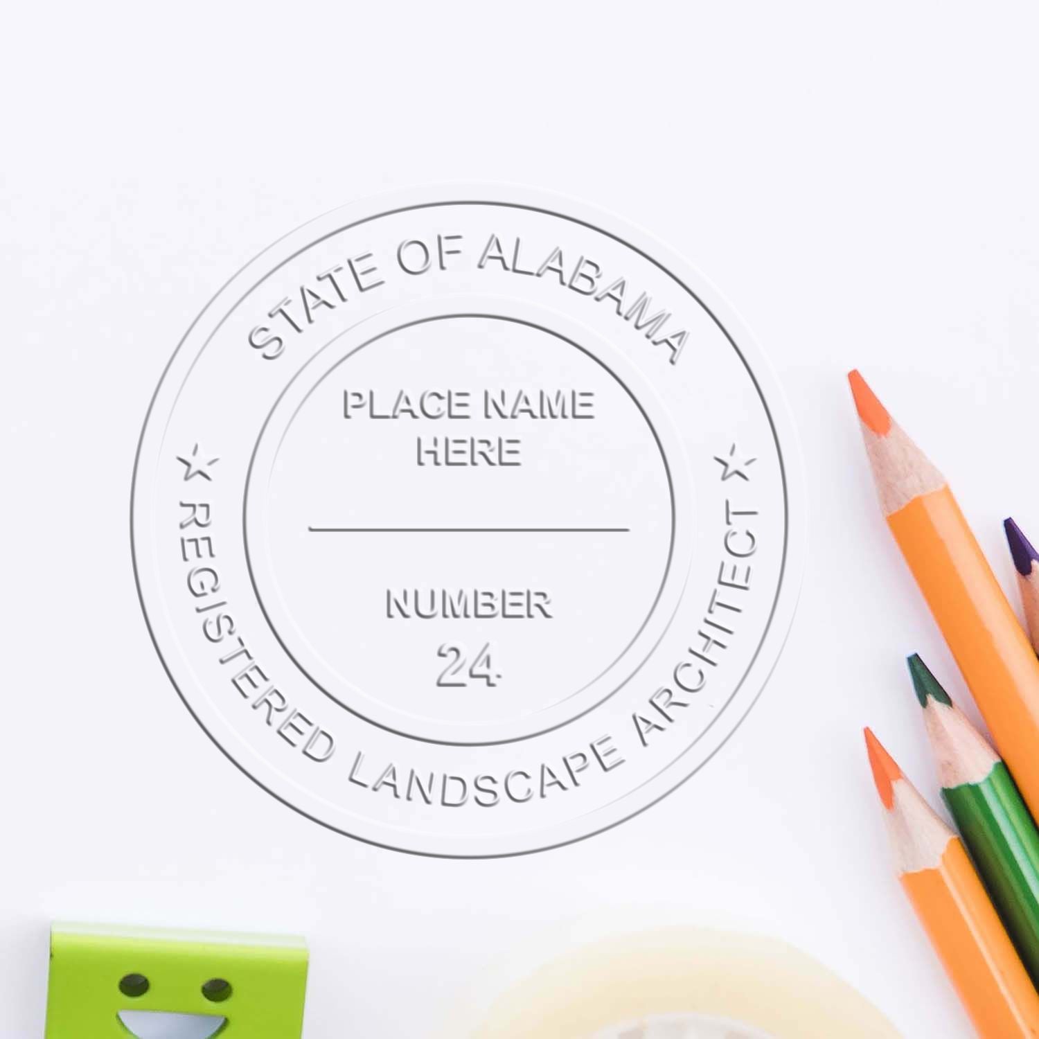 A photograph of the State of Alabama Handheld Landscape Architect Seal stamp impression reveals a vivid, professional image of the on paper.