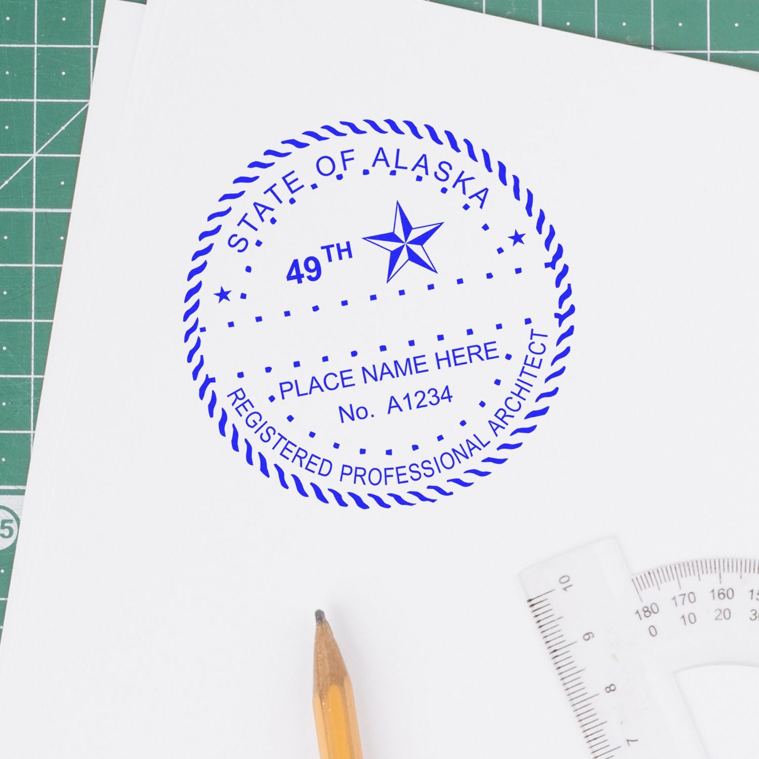 A stamped impression of the Slim Pre-Inked Alaska Architect Seal Stamp in this stylish lifestyle photo, setting the tone for a unique and personalized product.