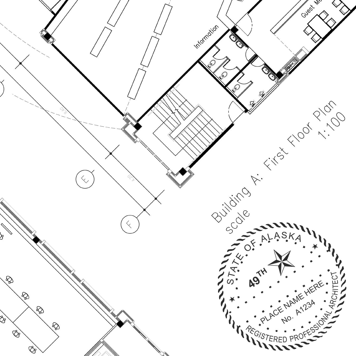 Architectural floor plan with a Self Inking Alaska Architect Stamp imprint in the lower right corner, showing state registration details.