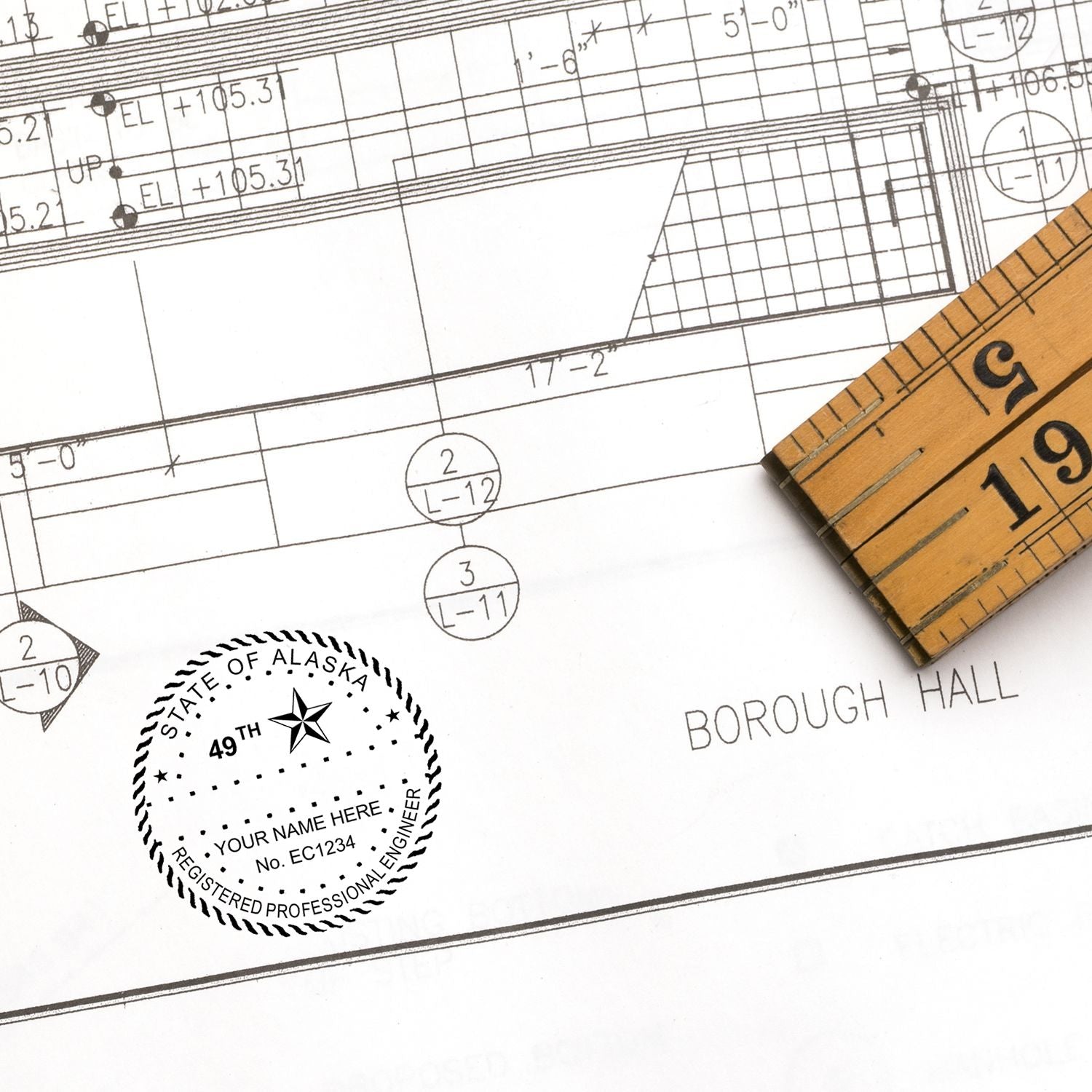 Another Example of a stamped impression of the Premium MaxLight Pre-Inked Alaska Engineering Stamp on a piece of office paper.