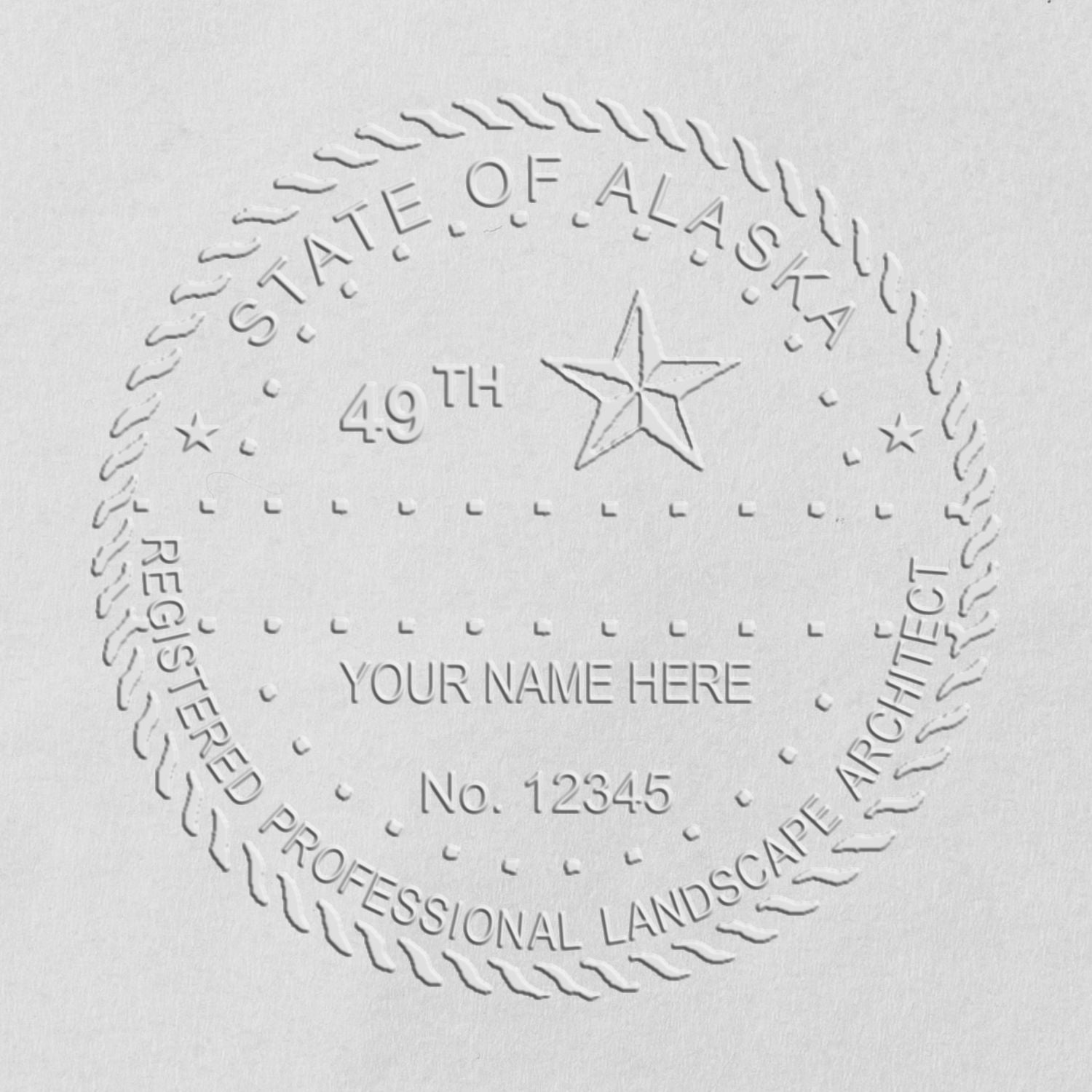 A photograph of the Hybrid Alaska Landscape Architect Seal stamp impression reveals a vivid, professional image of the on paper.