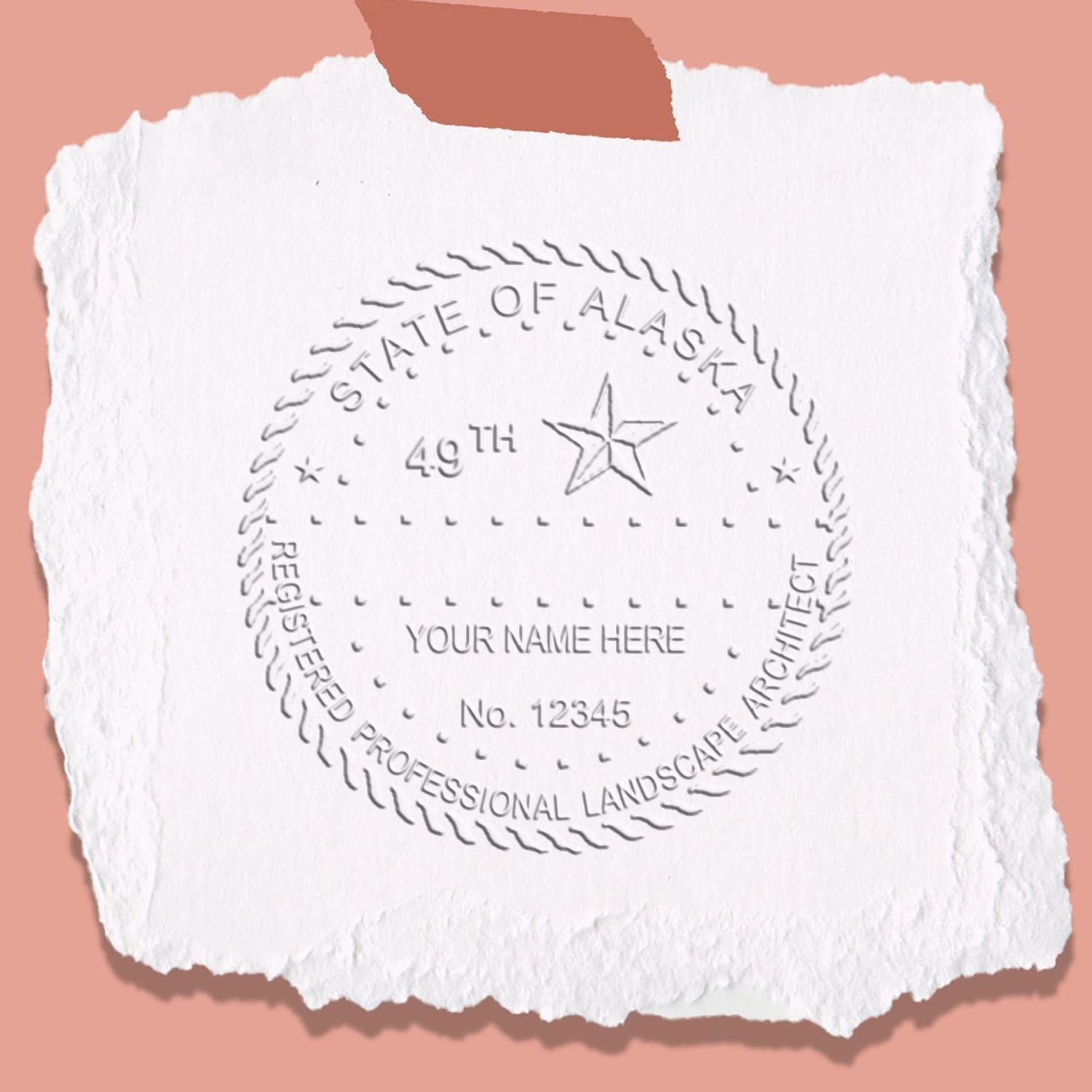 An alternative view of the Alaska Long Reach Landscape Architect Embossing Stamp stamped on a sheet of paper showing the image in use