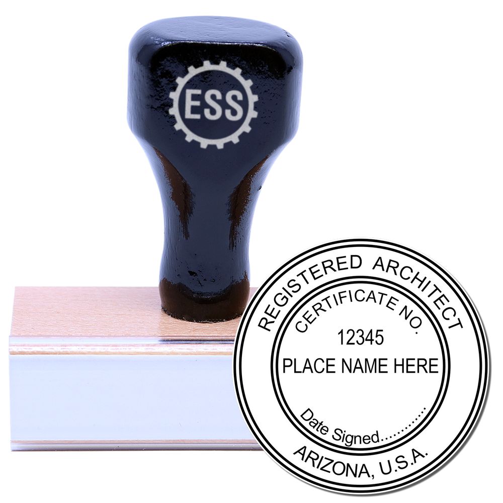 Arizona Architect Seal Stamp with a wooden handle and rubber base, featuring a circular design for registered architects in Arizona, USA.