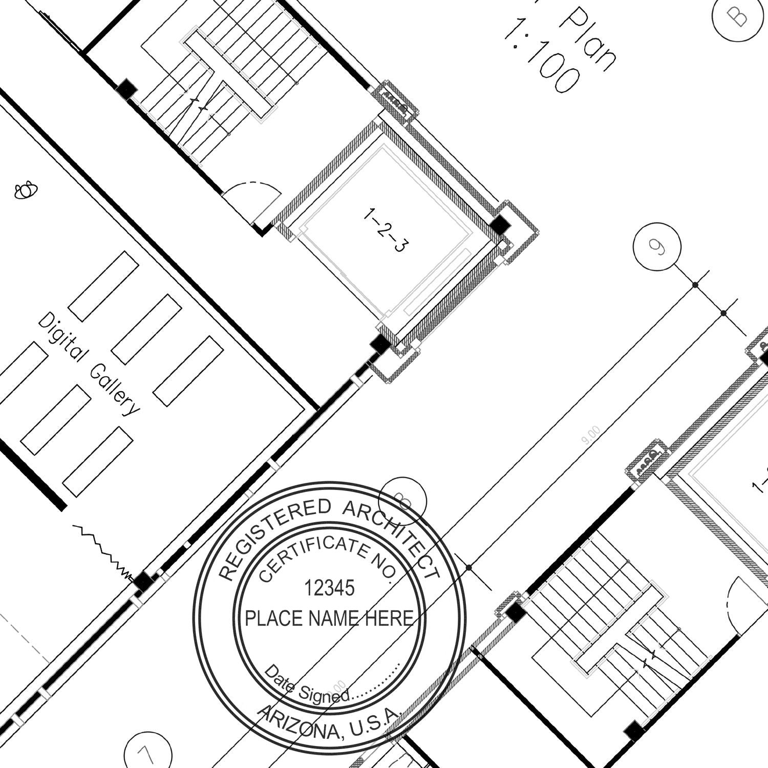 Architectural blueprint with an Arizona Architect Seal Stamp, showing Registered Architect, Certificate No. 12345, Arizona, U.S.A.