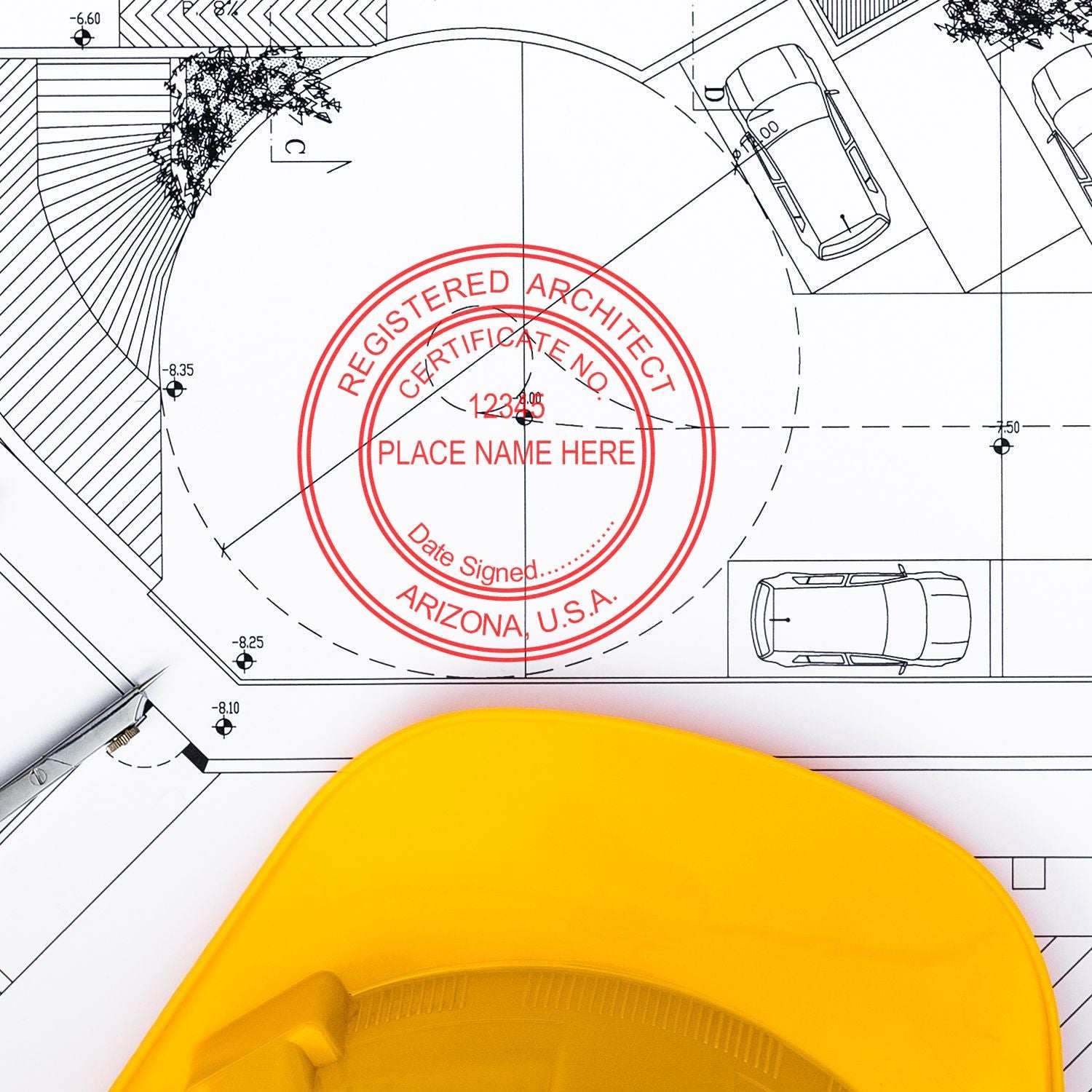 Self Inking Arizona Architect Stamp in use on architectural blueprint with a yellow cap and pen nearby.