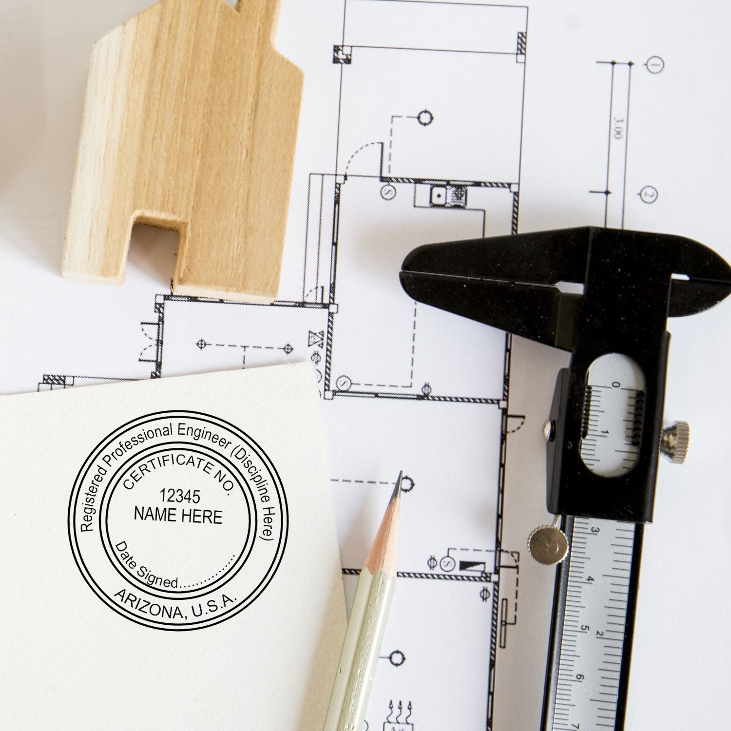 An alternative view of the Digital Arizona PE Stamp and Electronic Seal for Arizona Engineer stamped on a sheet of paper showing the image in use