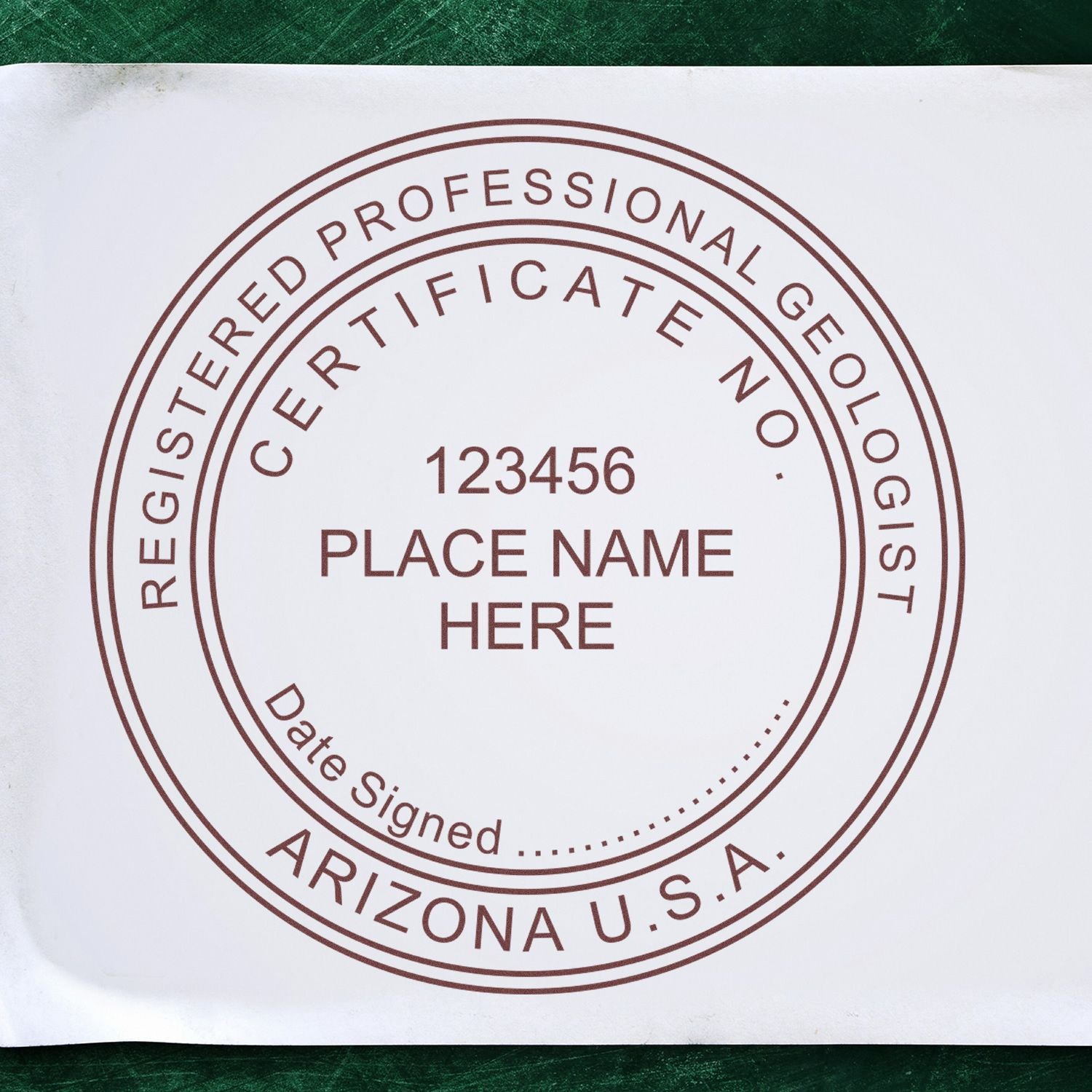 Another Example of a stamped impression of the Slim Pre-Inked Arizona Professional Geologist Seal Stamp on a office form