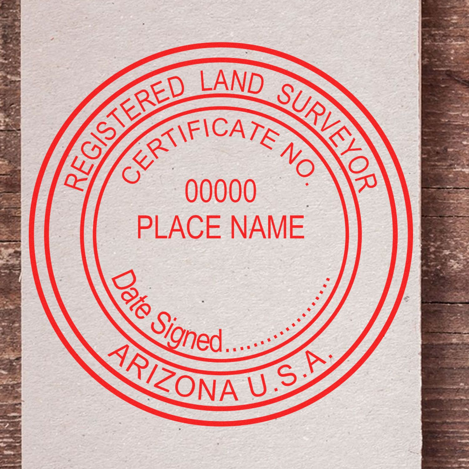 Arizona Land Surveyor Seal Stamp, AZ PLS Stamp, red ink on paper with text Registered Land Surveyor, Arizona U.S.A., Certificate No., Place Name, Date Signed.