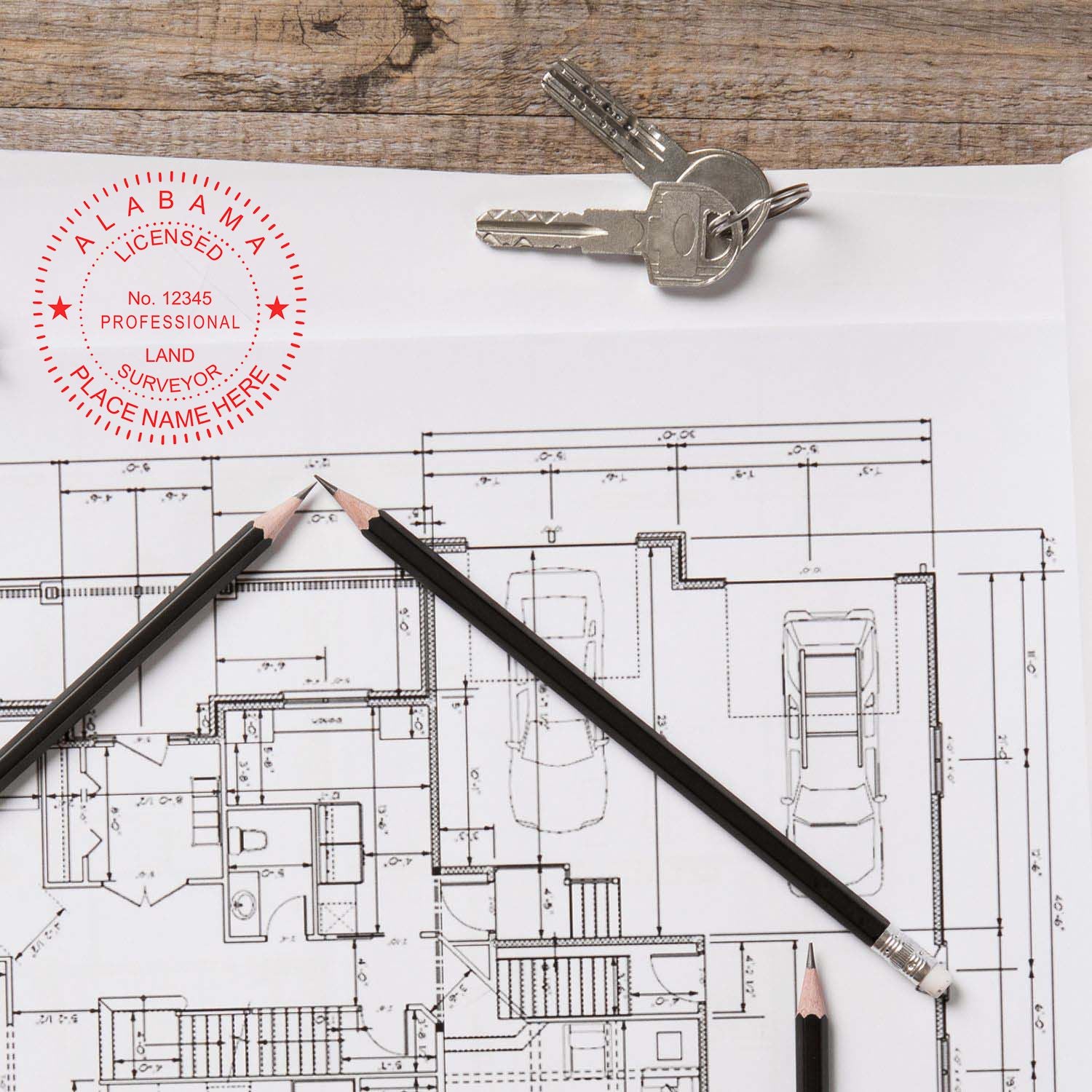 Premium MaxLight Pre-Inked Arizona Surveyors Stamp on architectural plans with pencils and keys on a wooden table.