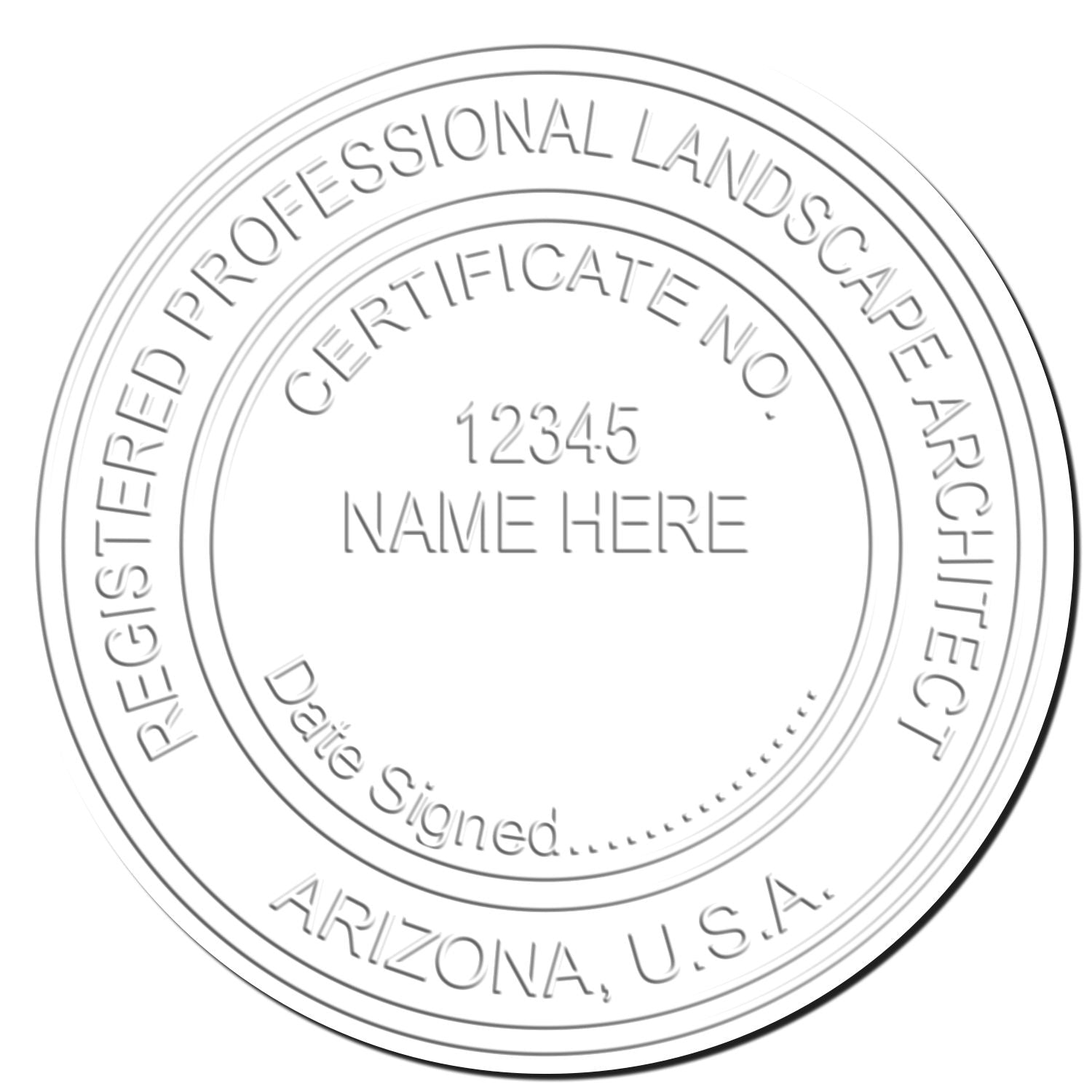 This paper is stamped with a sample imprint of the Heavy Duty Arizona Landscape Architect Cast Iron Embosser, signifying its quality and reliability.