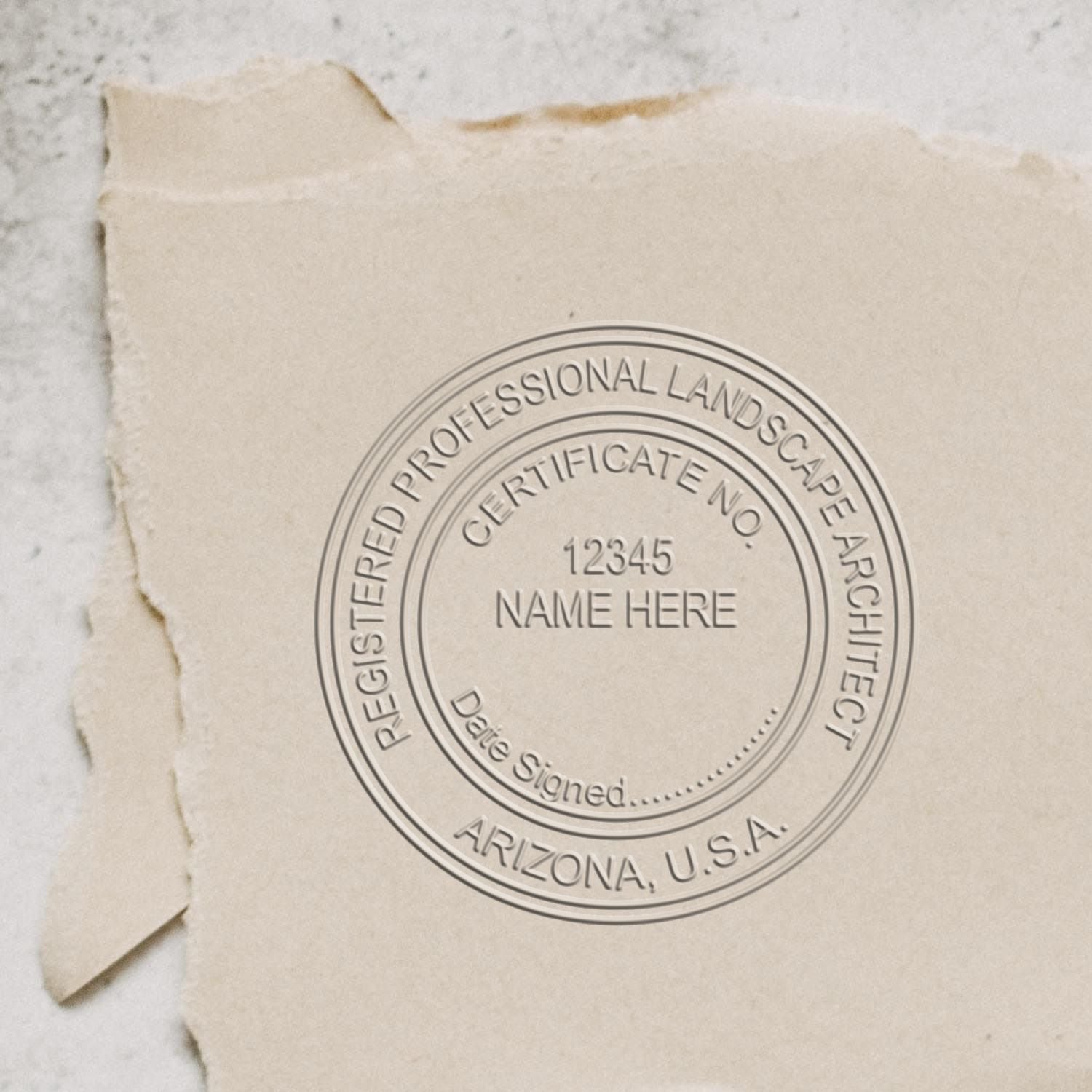 A photograph of the State of Arizona Handheld Landscape Architect Seal stamp impression reveals a vivid, professional image of the on paper.