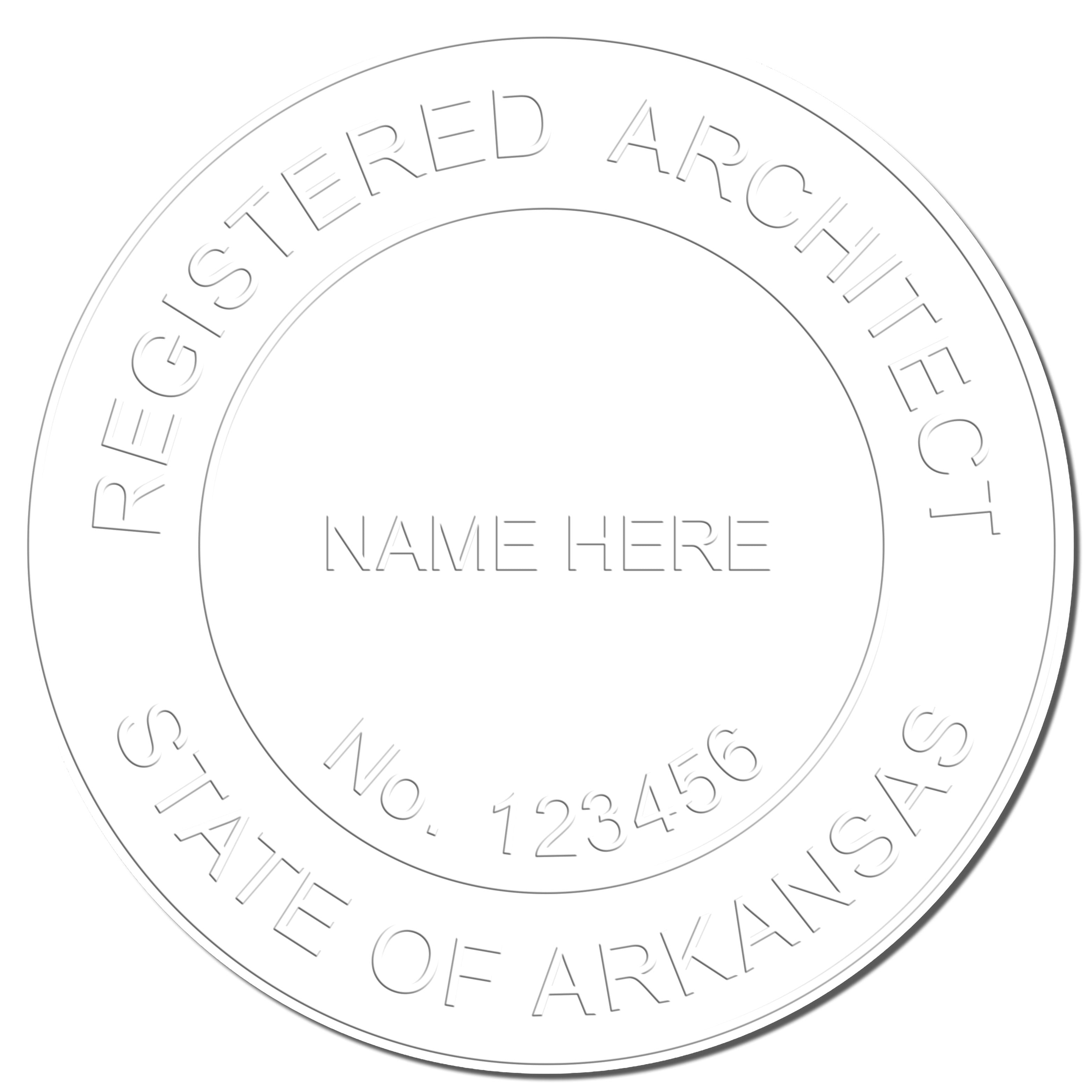 This paper is stamped with a sample imprint of the Heavy Duty Cast Iron Arkansas Architect Embosser, signifying its quality and reliability.