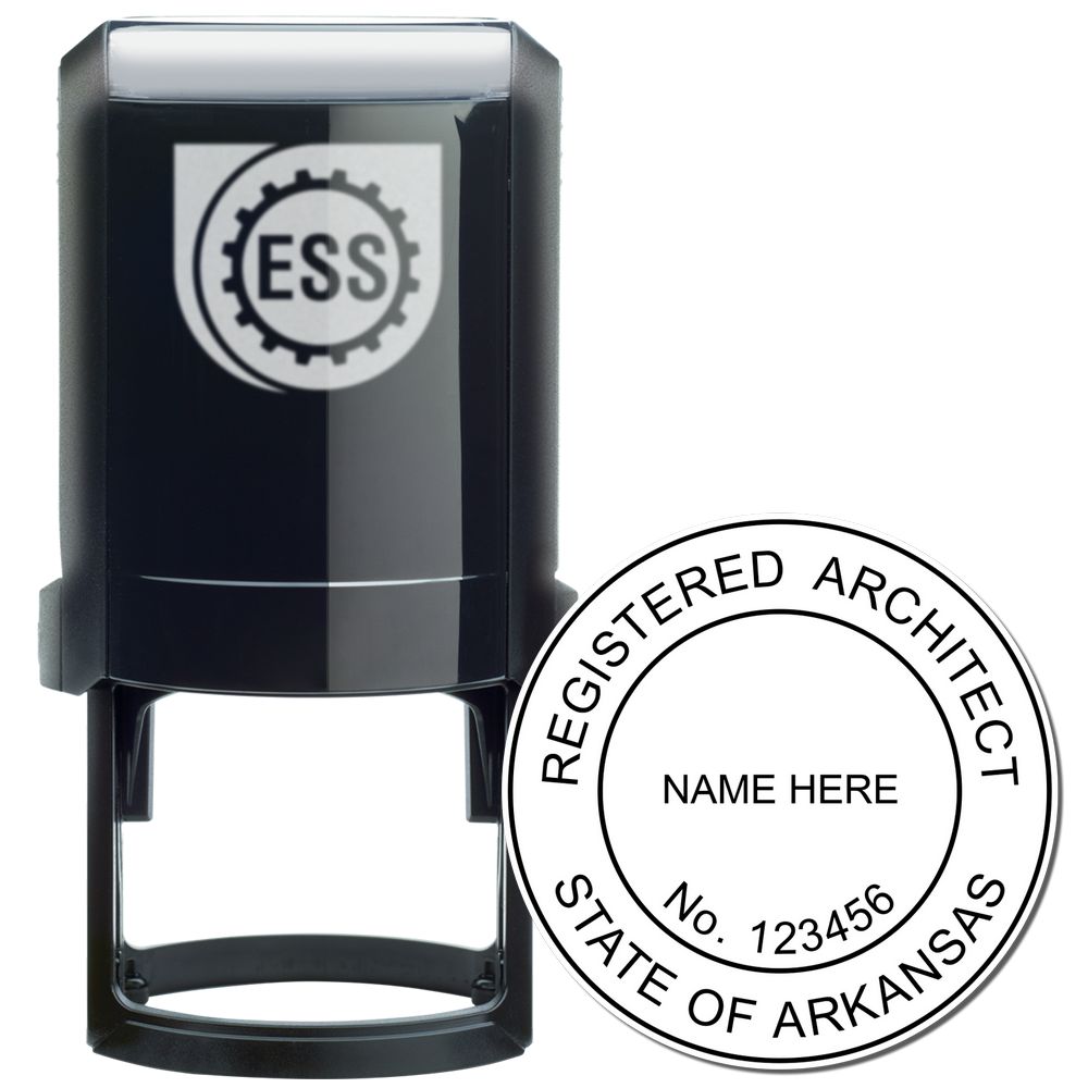 Self Inking Arkansas Architect Stamp with a black casing and a round imprint showing Registered Architect, State of Arkansas, Name Here, No. 123456 .