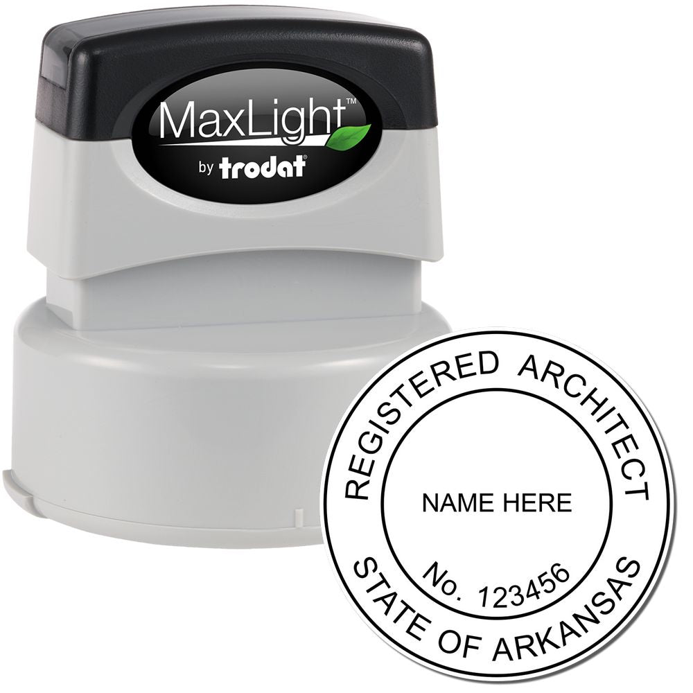 Premium MaxLight Pre-Inked Arkansas Architectural Stamp with customizable name and number, shown with stamp and stamped impression.