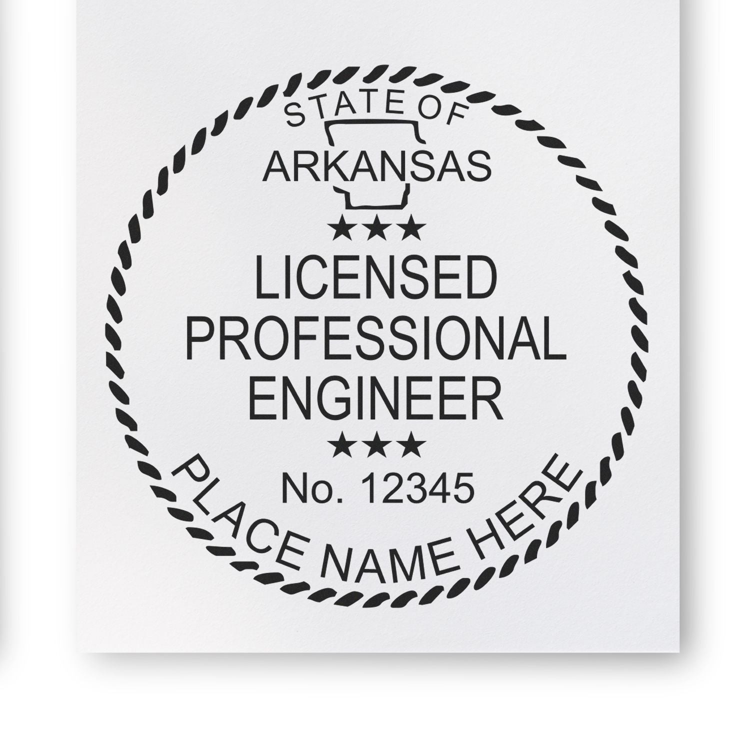 A stamped impression of the Slim Pre-Inked Arkansas Professional Engineer Seal Stamp in this stylish lifestyle photo, setting the tone for a unique and personalized product.