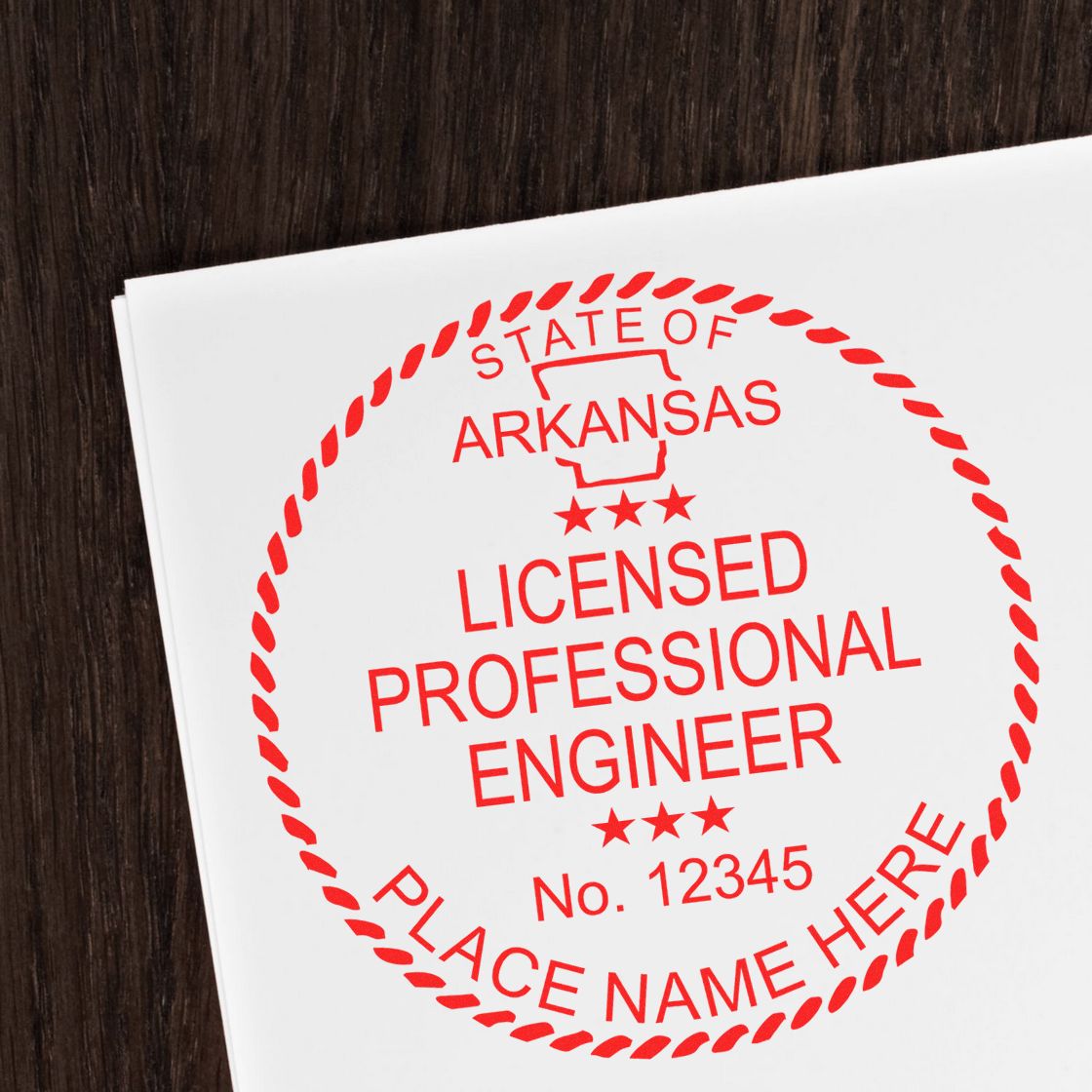 A photograph of the Slim Pre-Inked Arkansas Professional Engineer Seal Stamp stamp impression reveals a vivid, professional image of the on paper.