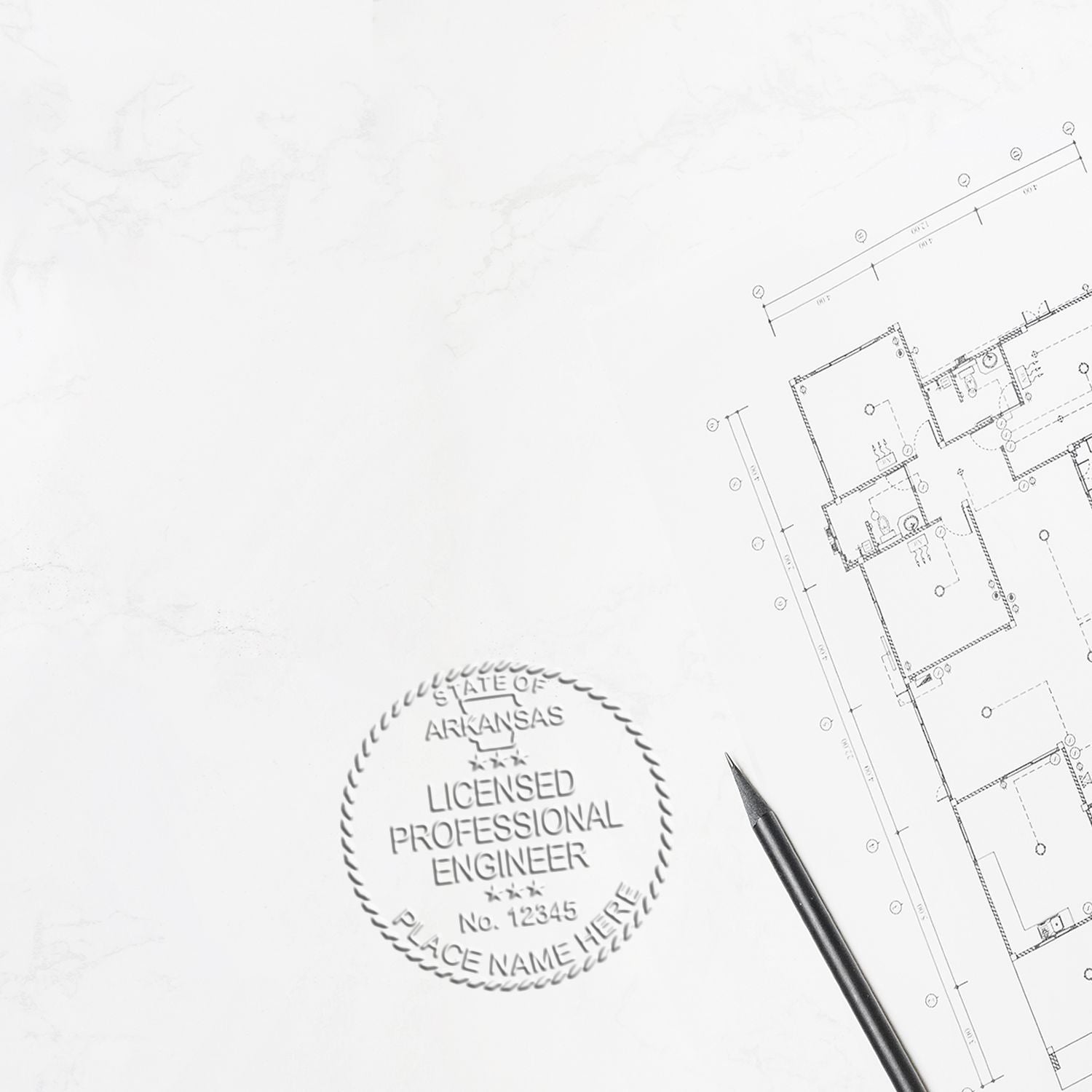 This paper is stamped with a sample imprint of the Handheld Arkansas Professional Engineer Embosser, signifying its quality and reliability.