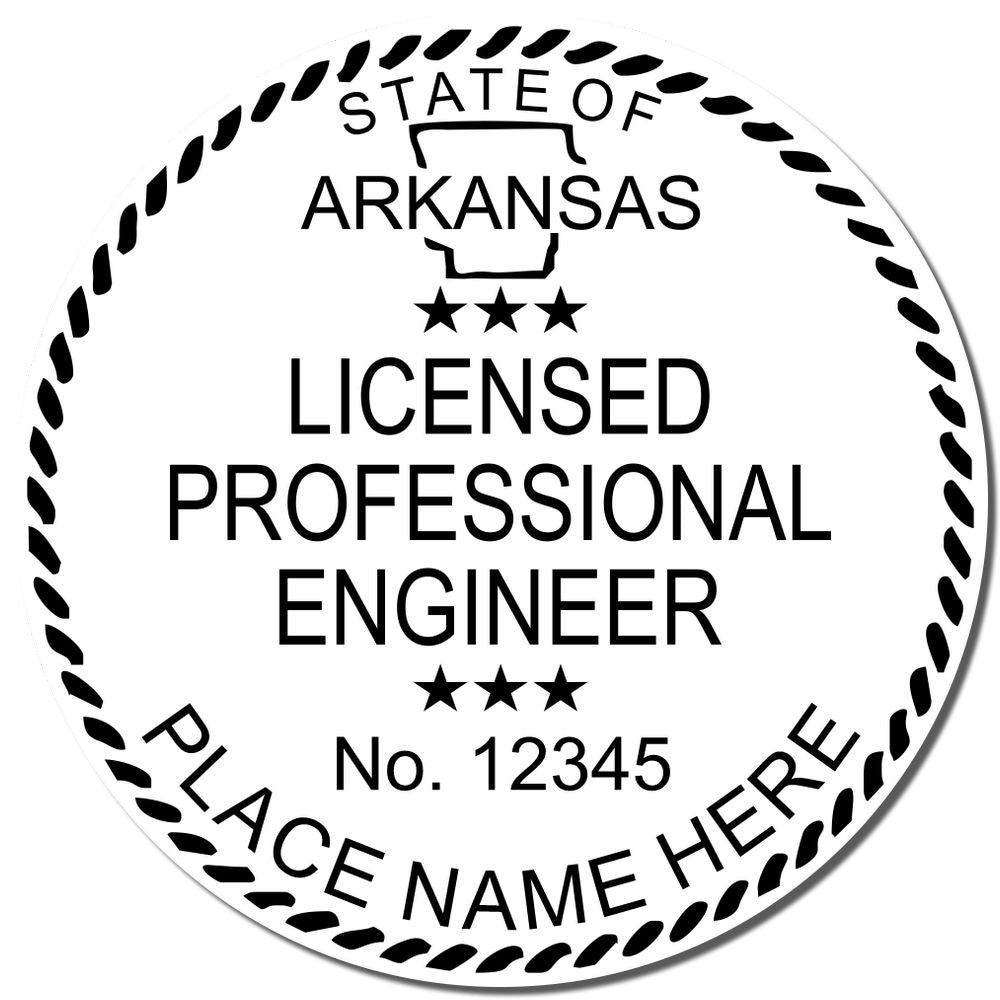 A photograph of the Slim Pre-Inked Arkansas Professional Engineer Seal Stamp stamp impression reveals a vivid, professional image of the on paper.