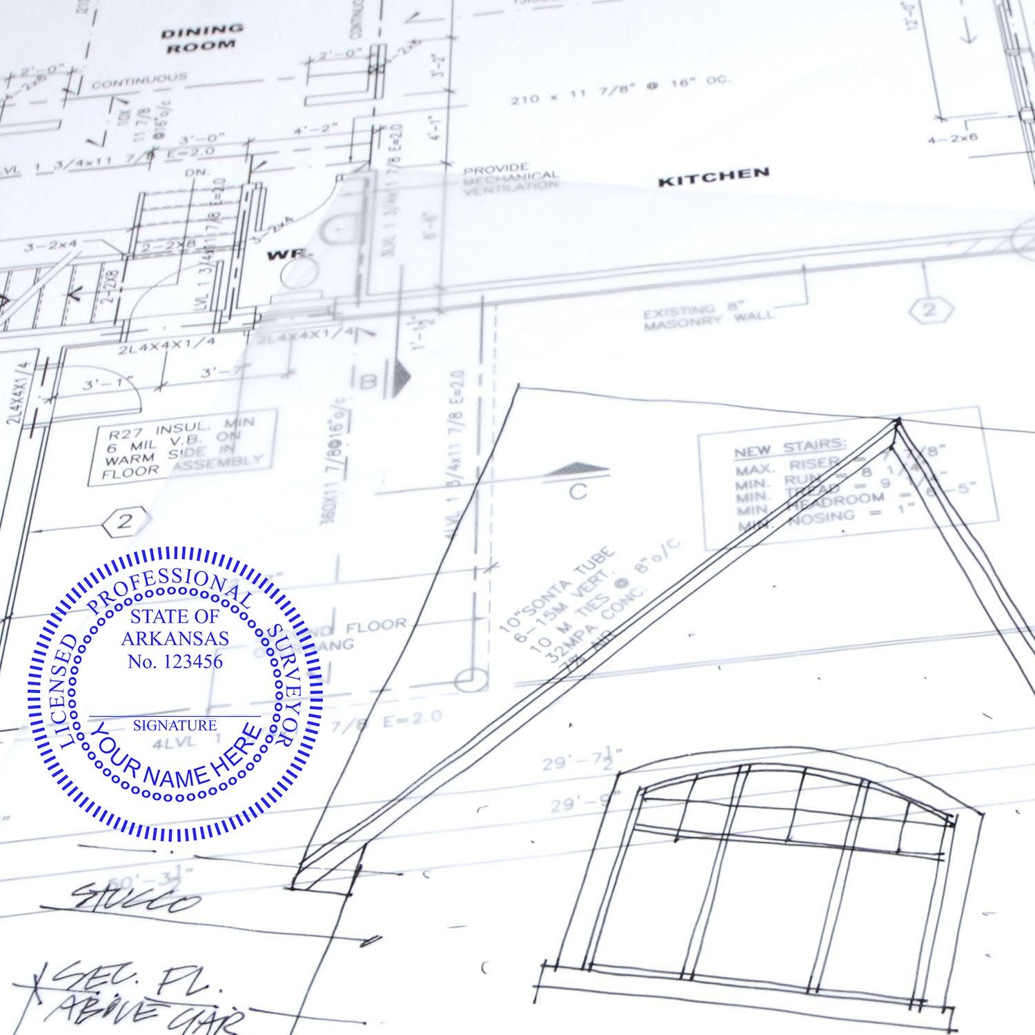 Another Example of a stamped impression of the Slim Pre-Inked Arkansas Land Surveyor Seal Stamp on a piece of office paper.