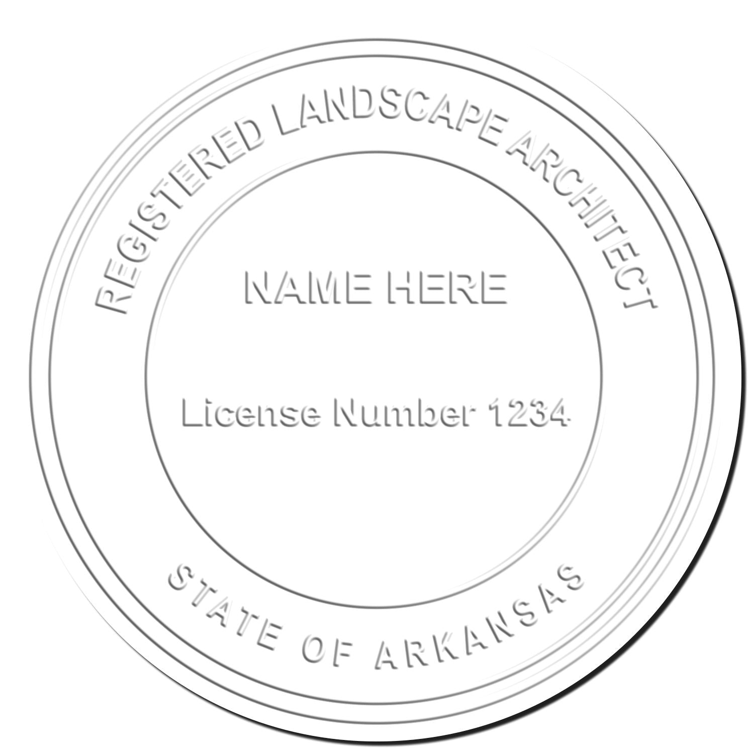 This paper is stamped with a sample imprint of the Arkansas Long Reach Landscape Architect Embossing Stamp, signifying its quality and reliability.